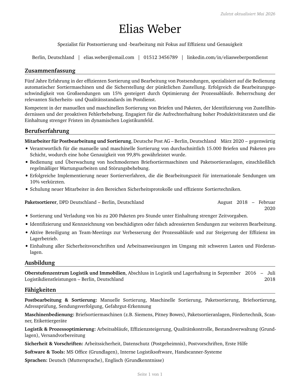 Postal Service Mail Sorters, Processors, and Processing Machine Operators CV in German — page 1