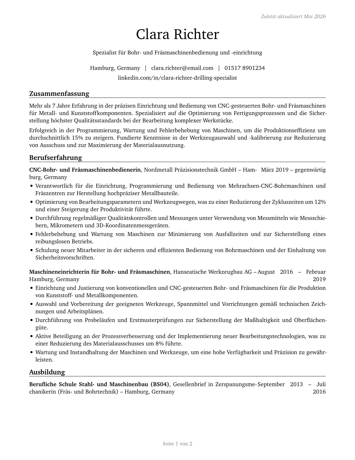 Drilling and Boring Machine Tool Setters, Operators, and Tenders, Metal and Plastic CV in German — page 1