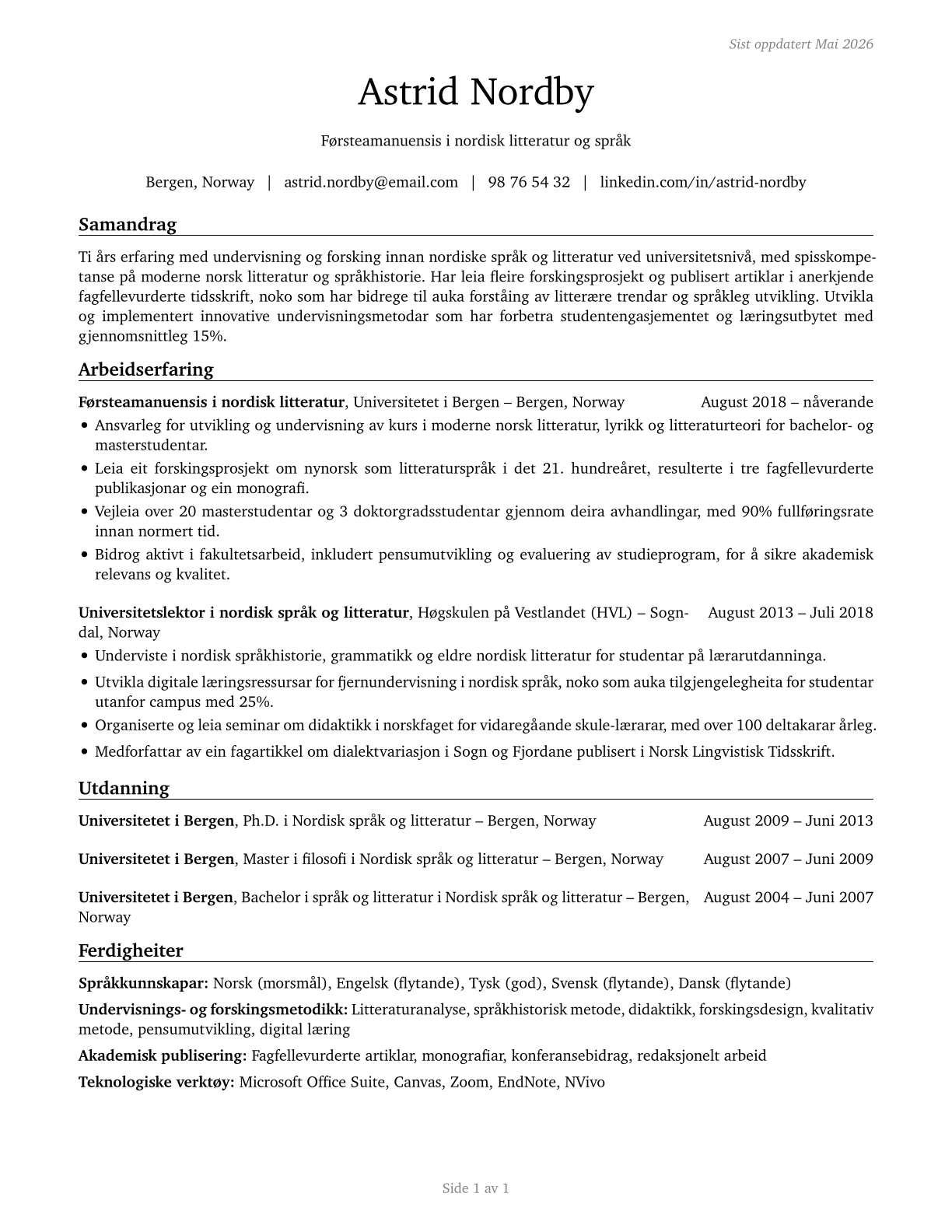 Foreign Language and Literature Teachers, Postsecondary CV in Norwegian_nynorsk — page 1