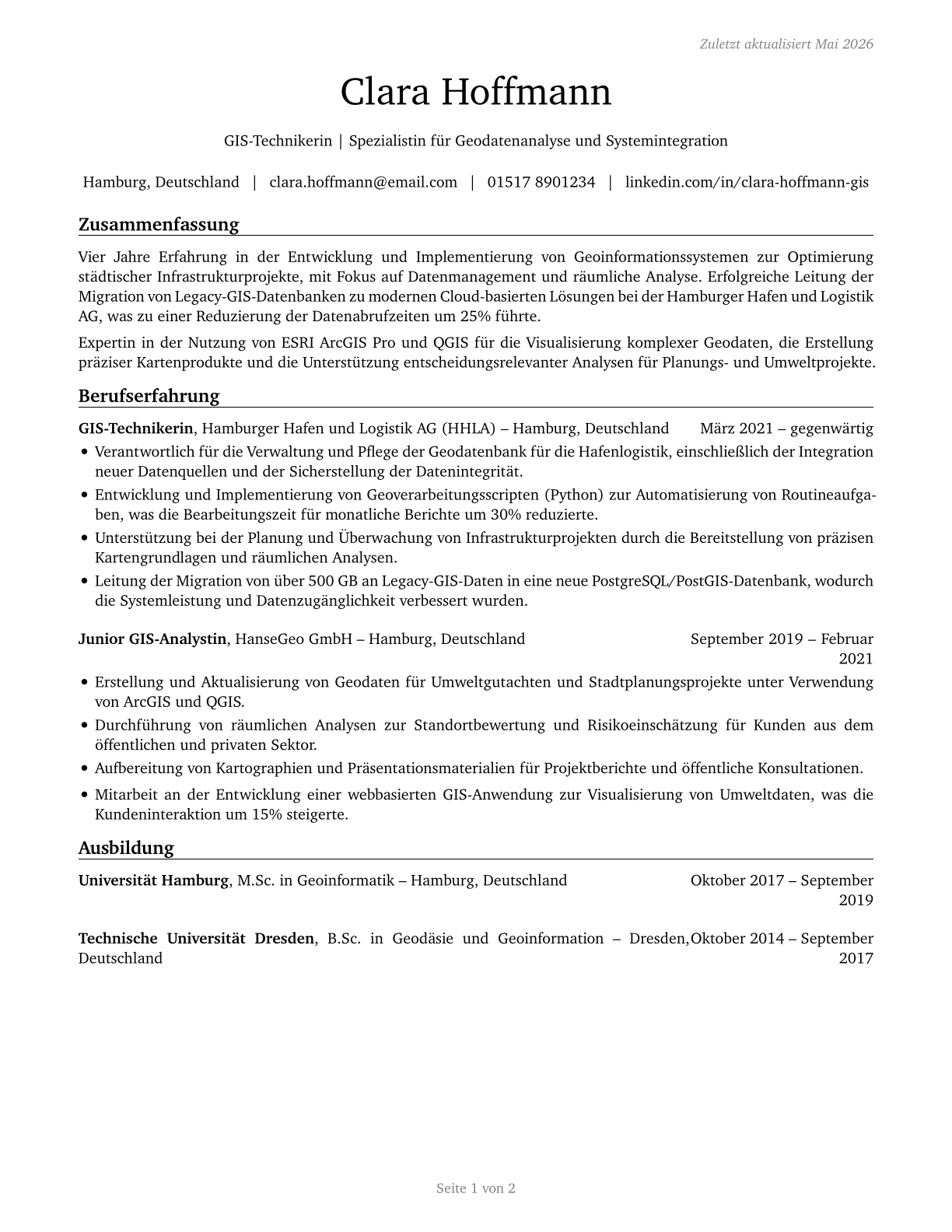 Geographic Information Systems Technologists and Technicians CV in German — page 1