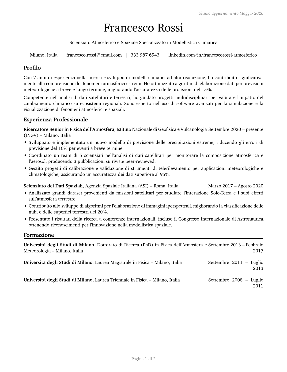 Atmospheric and Space Scientists CV in Italian — page 1