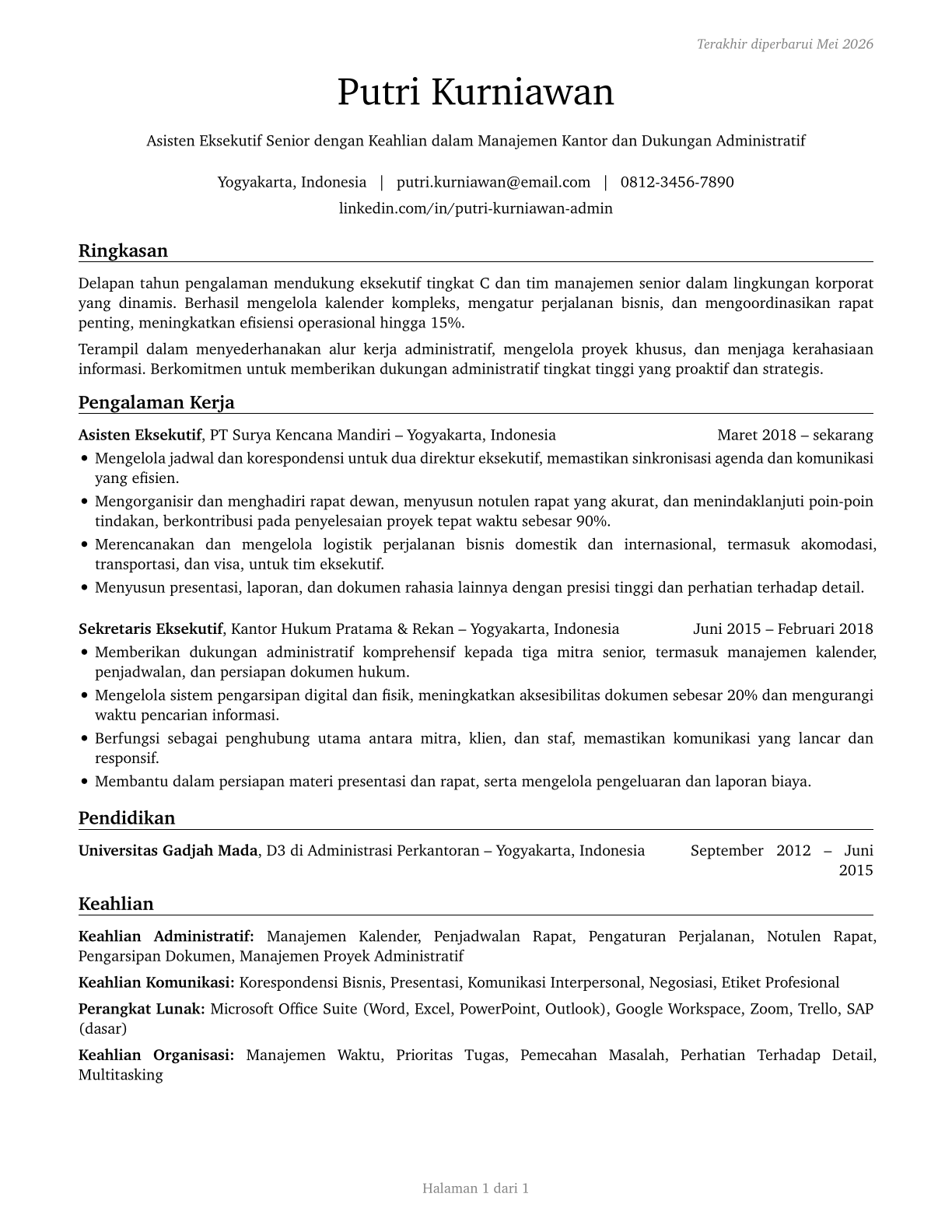 Executive Secretaries and Executive Administrative Assistants CV in Indonesian — page 1