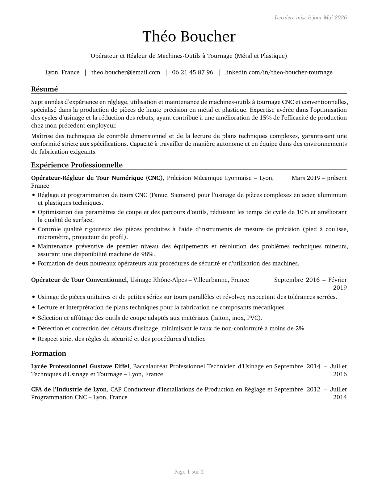 Lathe and Turning Machine Tool Setters, Operators, and Tenders, Metal and Plastic CV in French — page 1