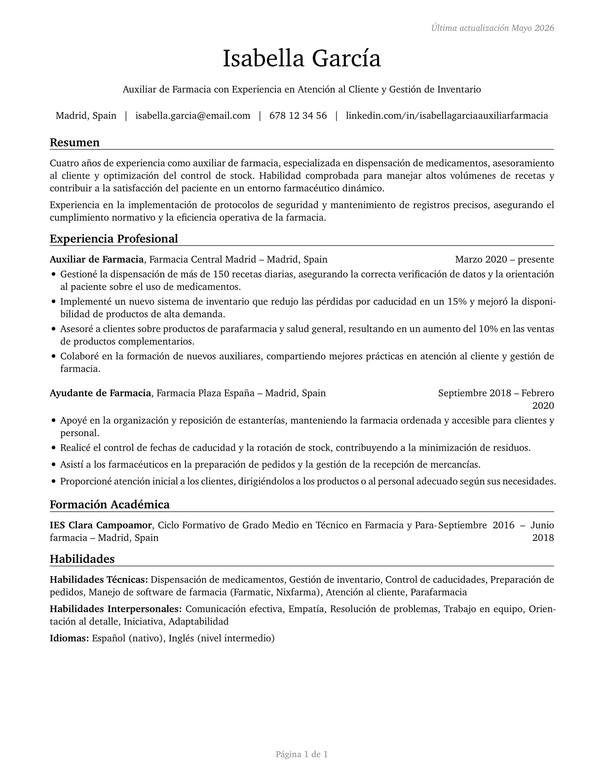 Pharmacy Aides CV in Spanish — page 1
