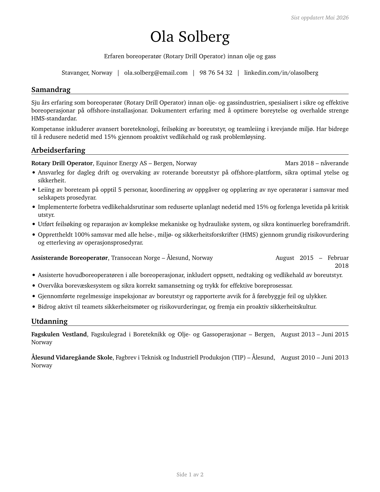 Rotary Drill Operators, Oil and Gas CV in Norwegian_nynorsk — page 1