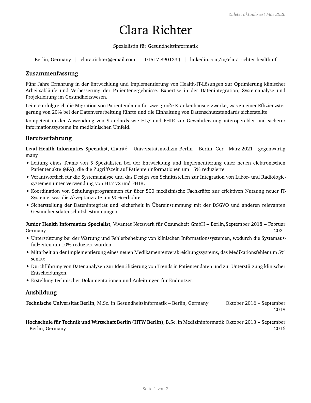 Health Informatics Specialists CV in German — page 1