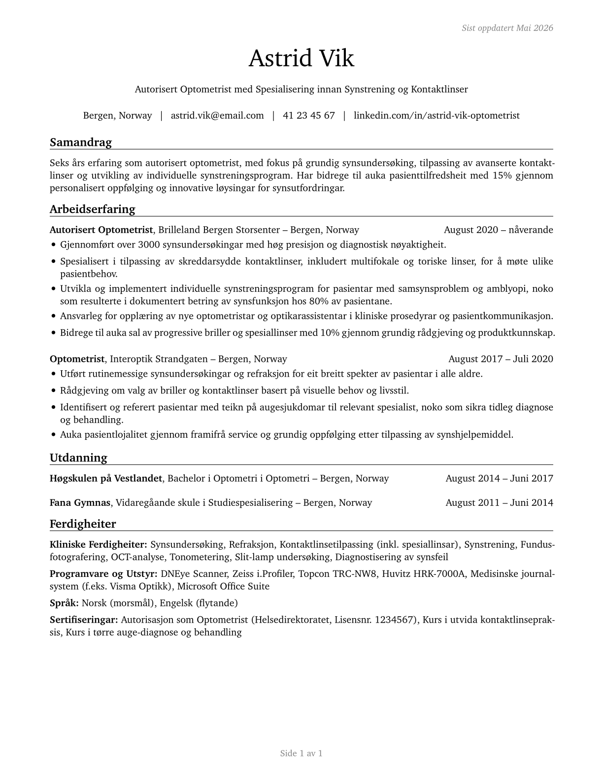 Optometrists CV in Norwegian_nynorsk — page 1
