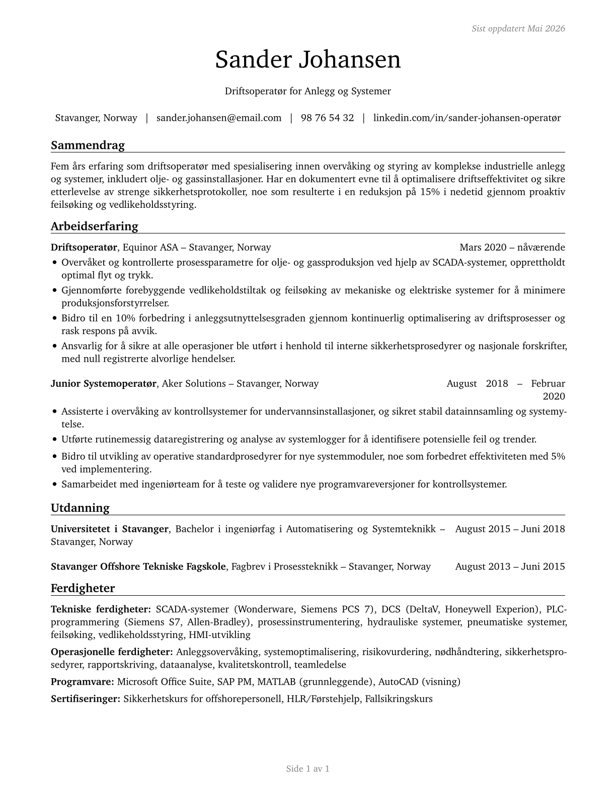 Plant and System Operators, All Other CV in Norwegian_bokmal — page 1