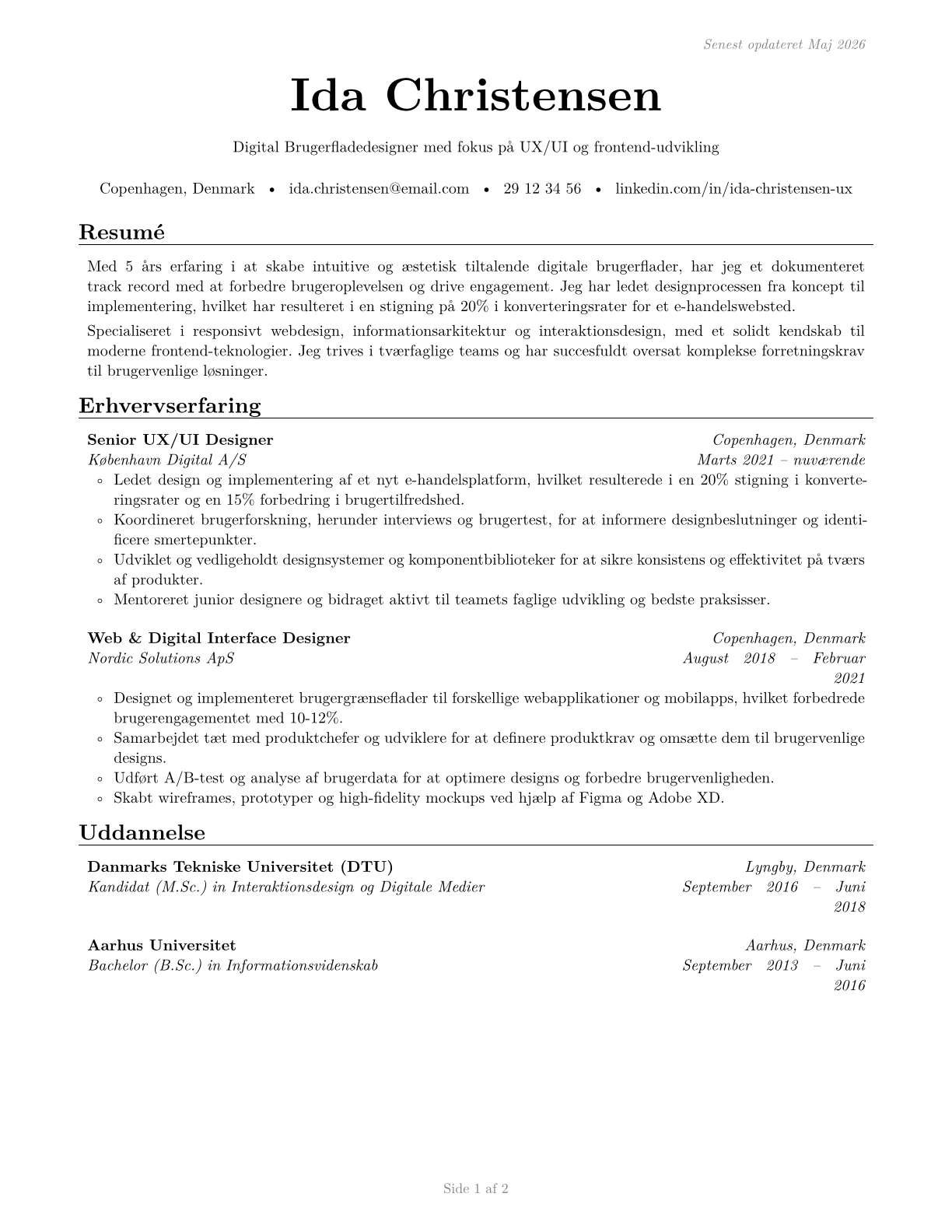 Web and Digital Interface Designers CV in Danish — page 1