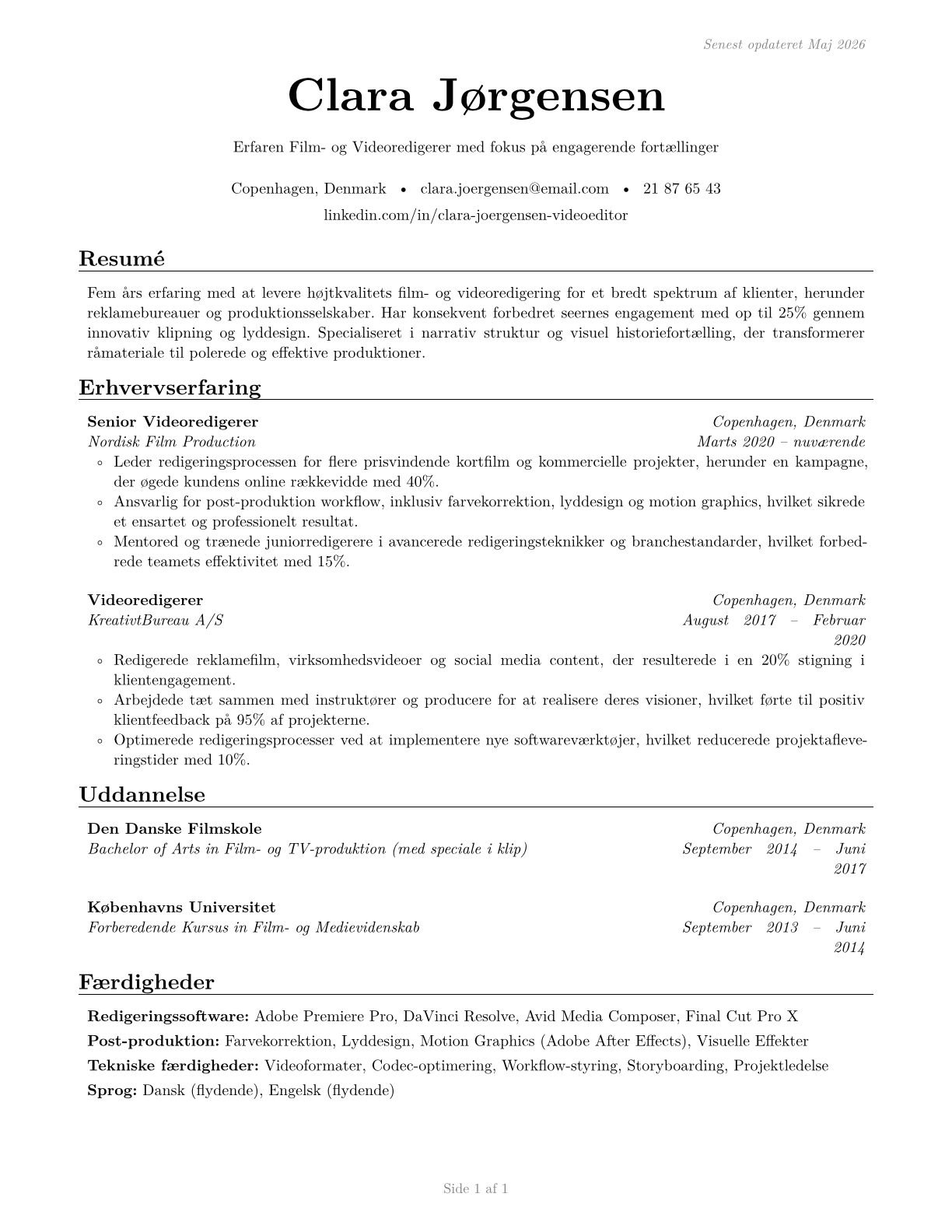 Film and Video Editors CV in Danish — page 1