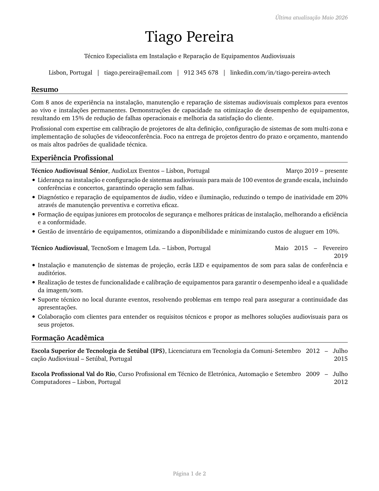 Audiovisual Equipment Installers and Repairers CV in Portuguese — page 1