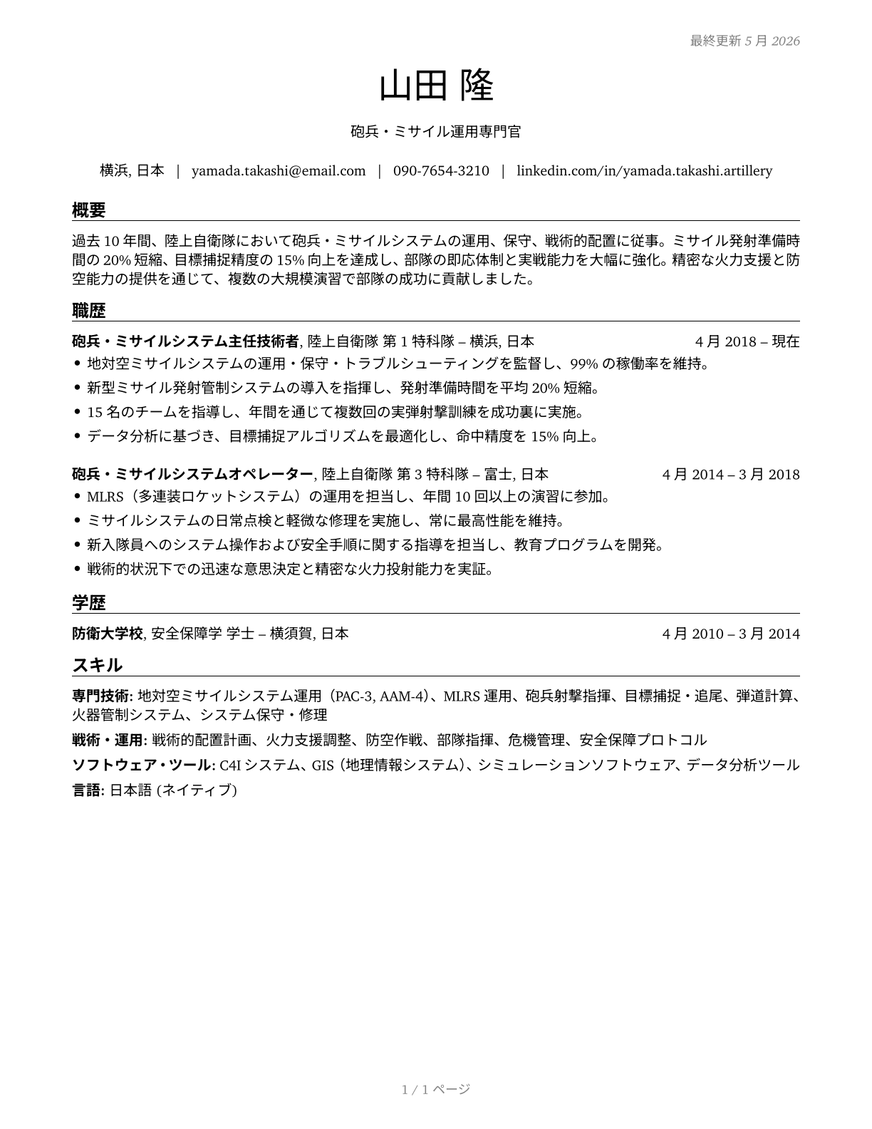 Artillery and Missile Crew Members CV in Japanese — page 1