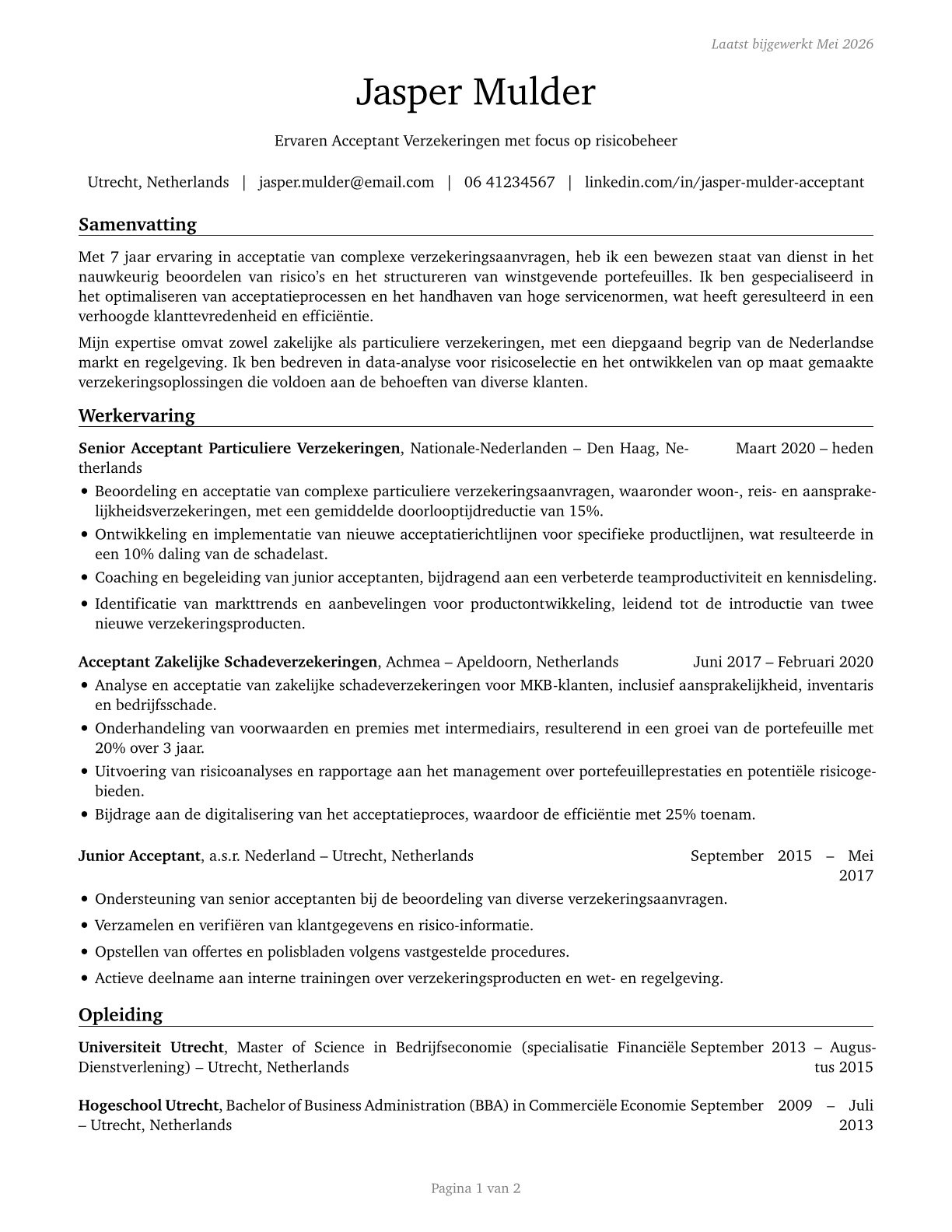 Insurance Underwriters CV in Dutch — page 1