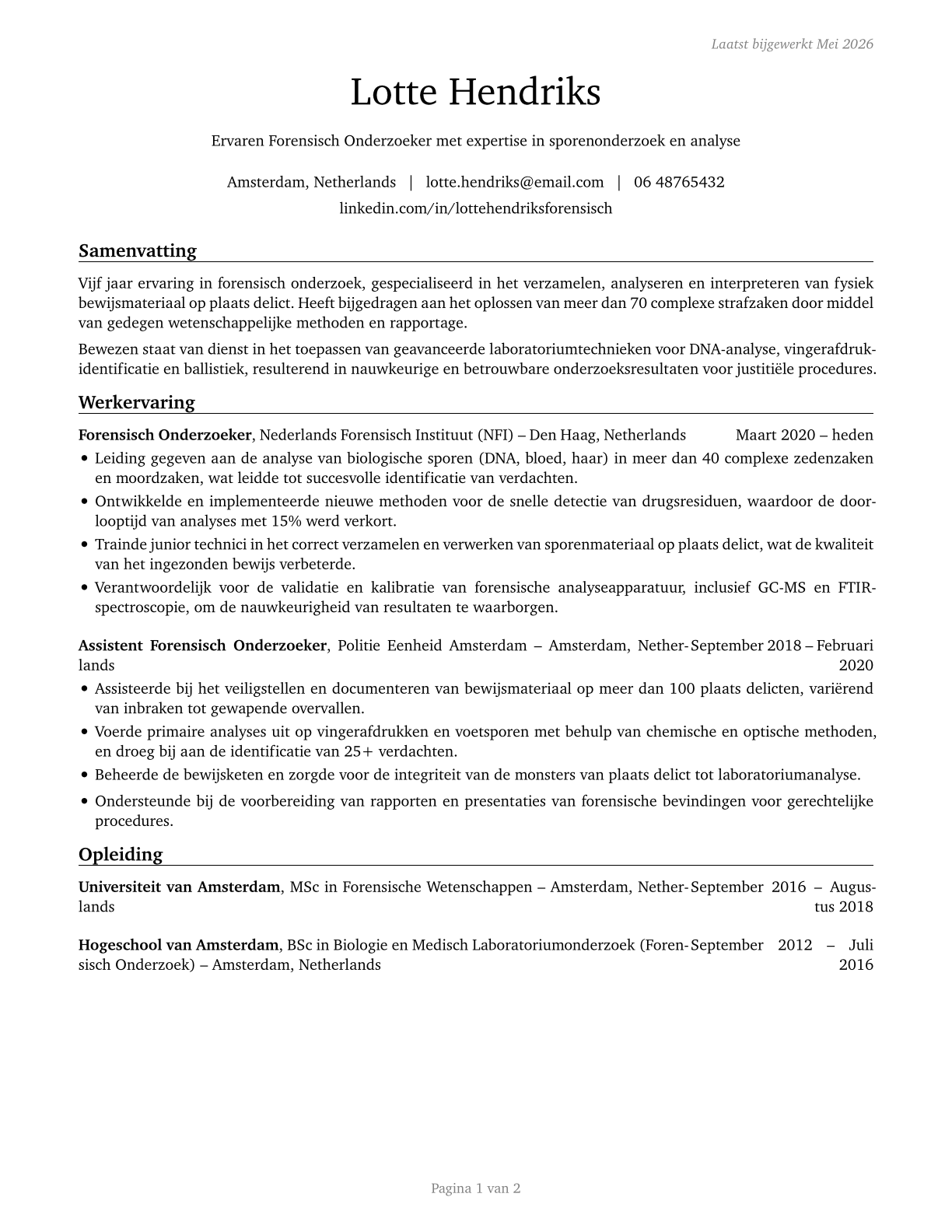 Forensic Science Technicians CV in Dutch — page 1