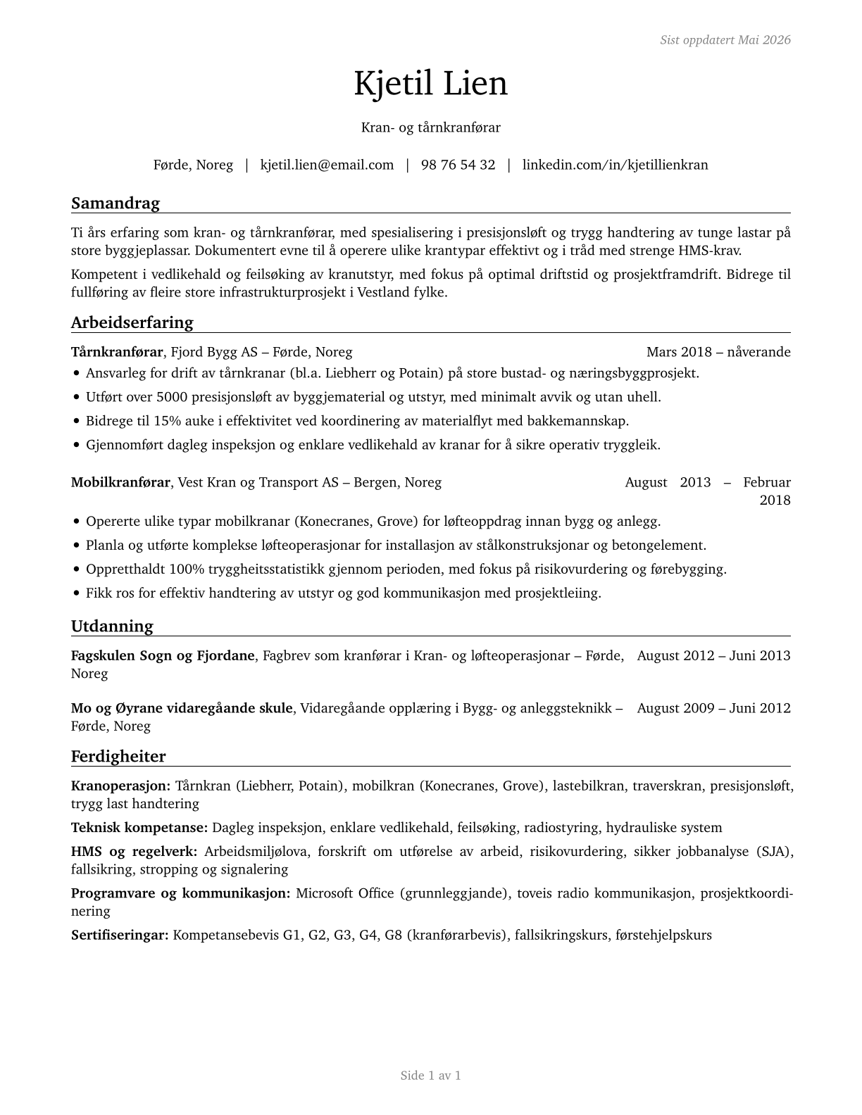 Crane and Tower Operators CV in Norwegian_nynorsk — page 1