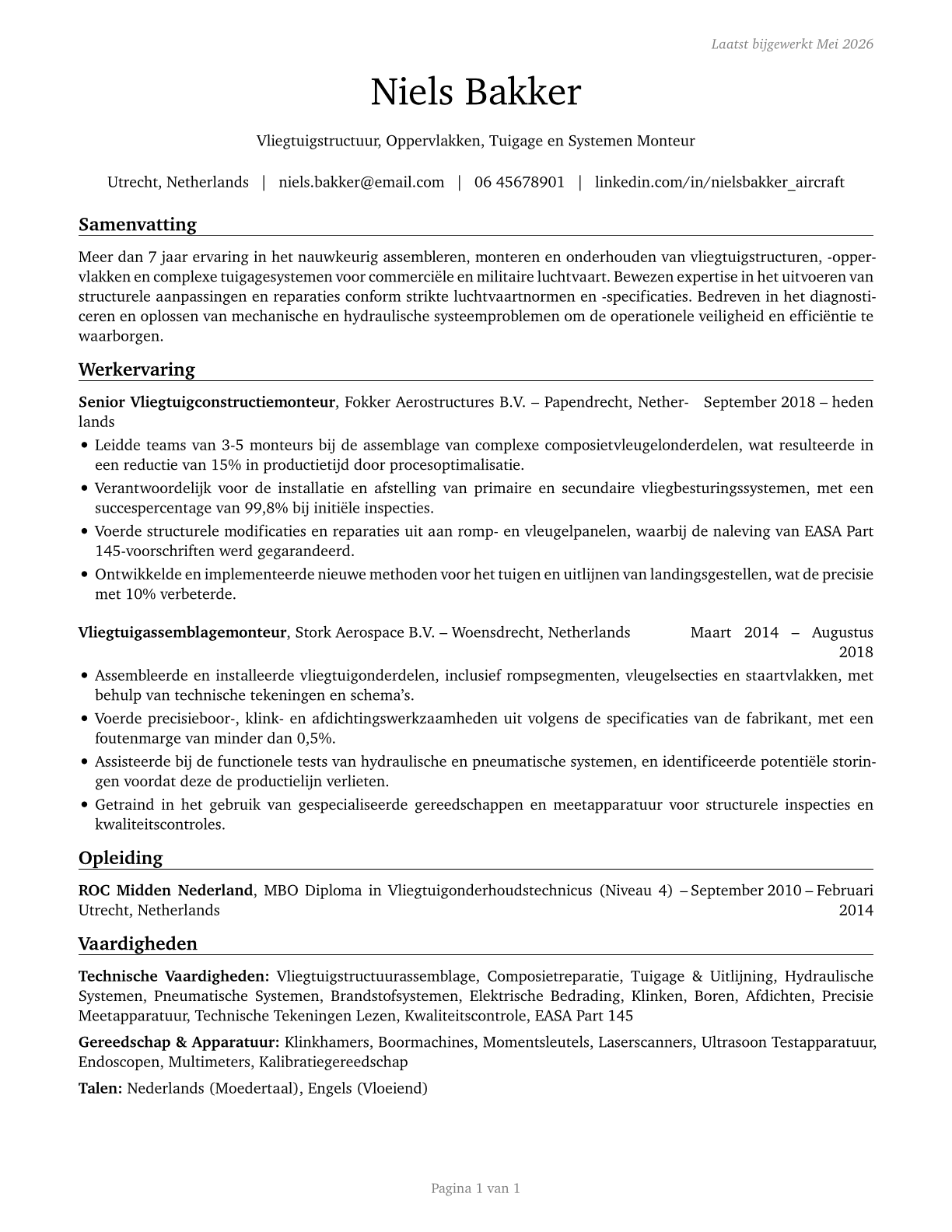 Aircraft Structure, Surfaces, Rigging, and Systems Assemblers CV in Dutch — page 1