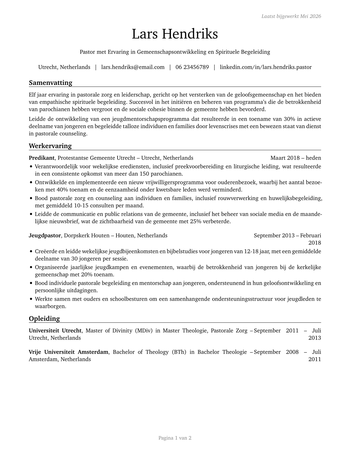 Clergy CV in Dutch — page 1