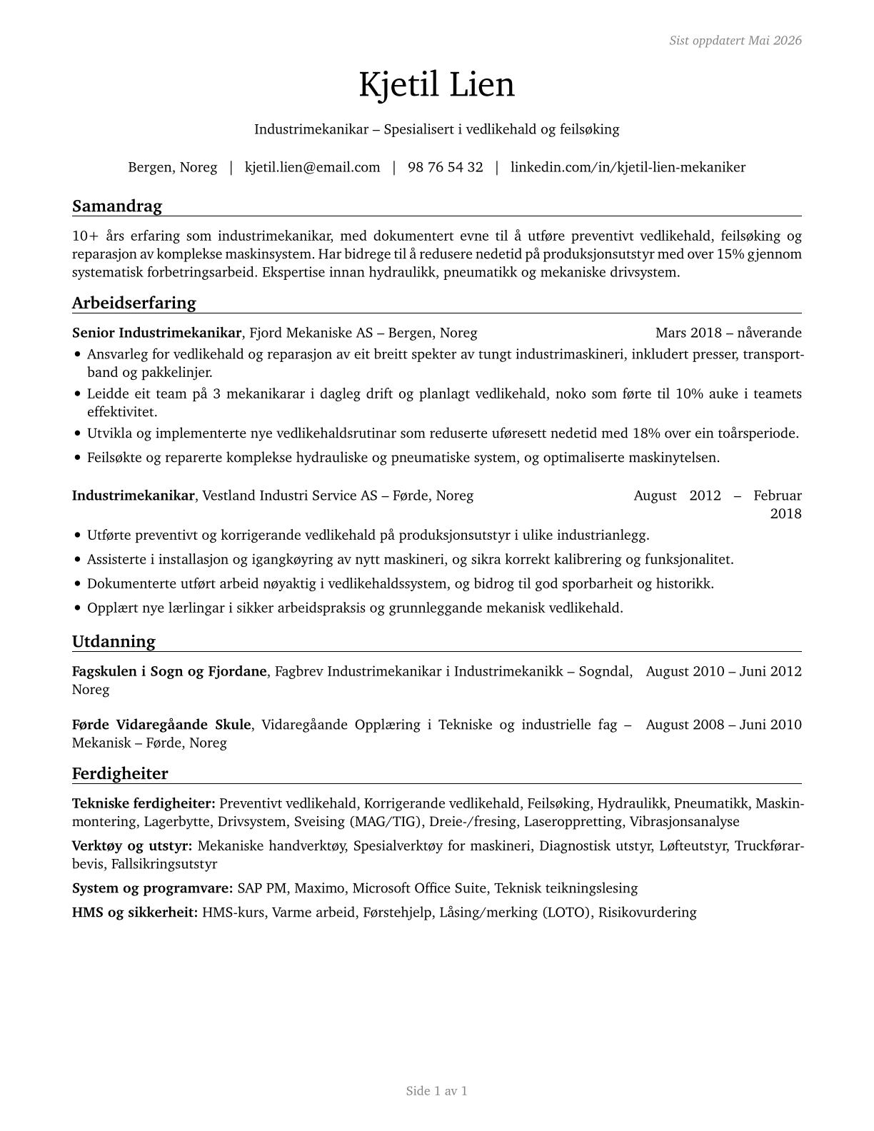 Industrial Machinery Mechanics CV in Norwegian_nynorsk — page 1