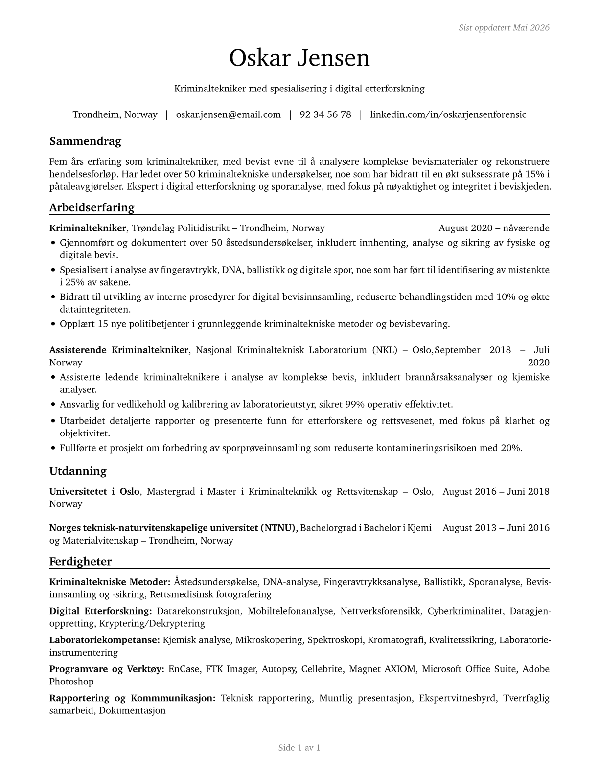 Forensic Science Technicians CV in Norwegian_bokmal — page 1