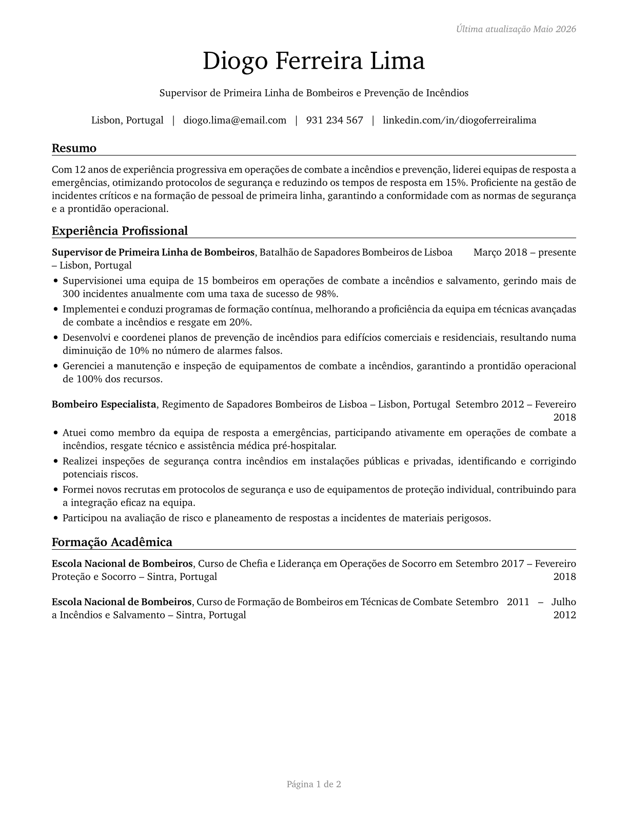First-Line Supervisors of Firefighting and Prevention Workers CV in Portuguese — page 1