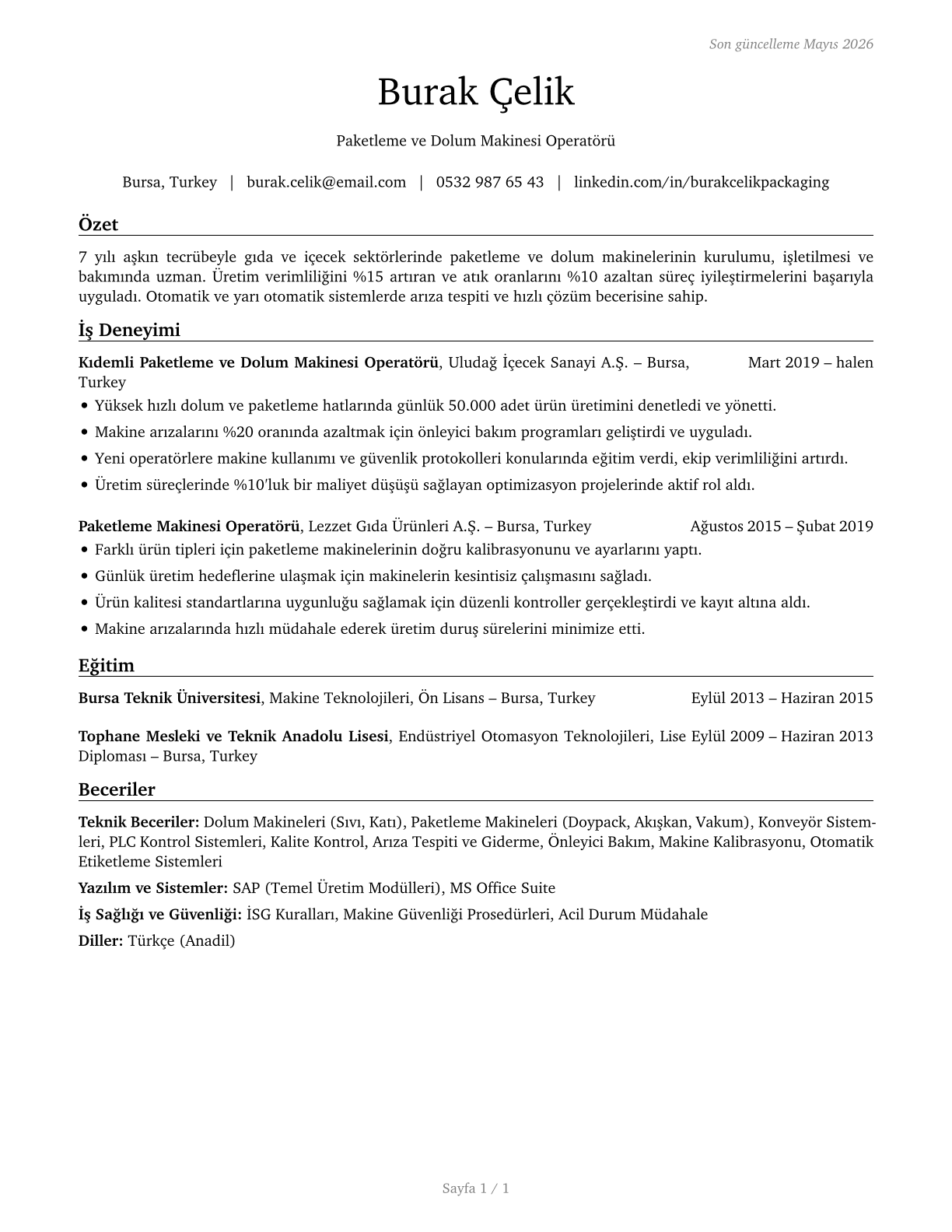 Packaging and Filling Machine Operators and Tenders CV in Turkish — page 1