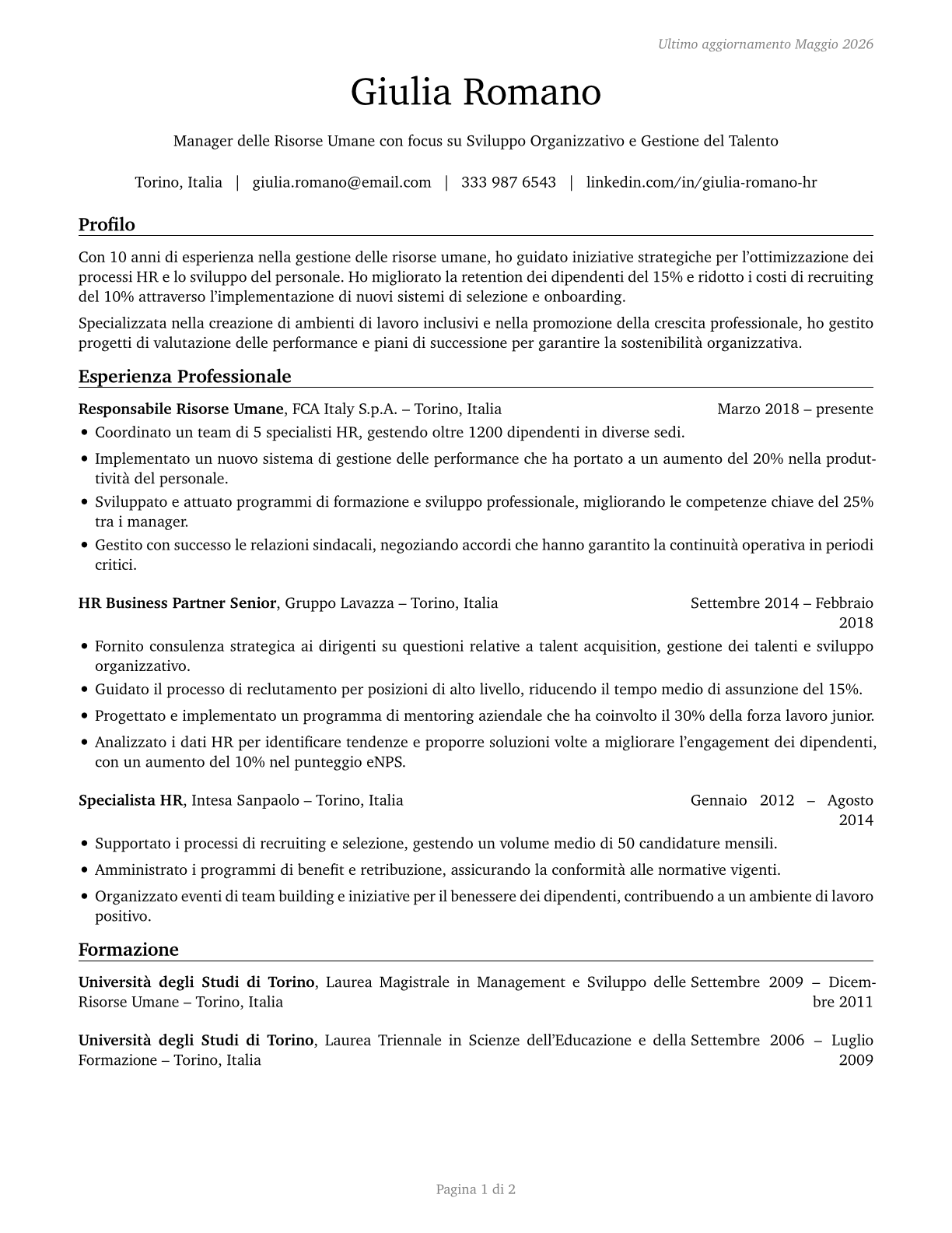 Human Resources Managers CV in Italian — page 1