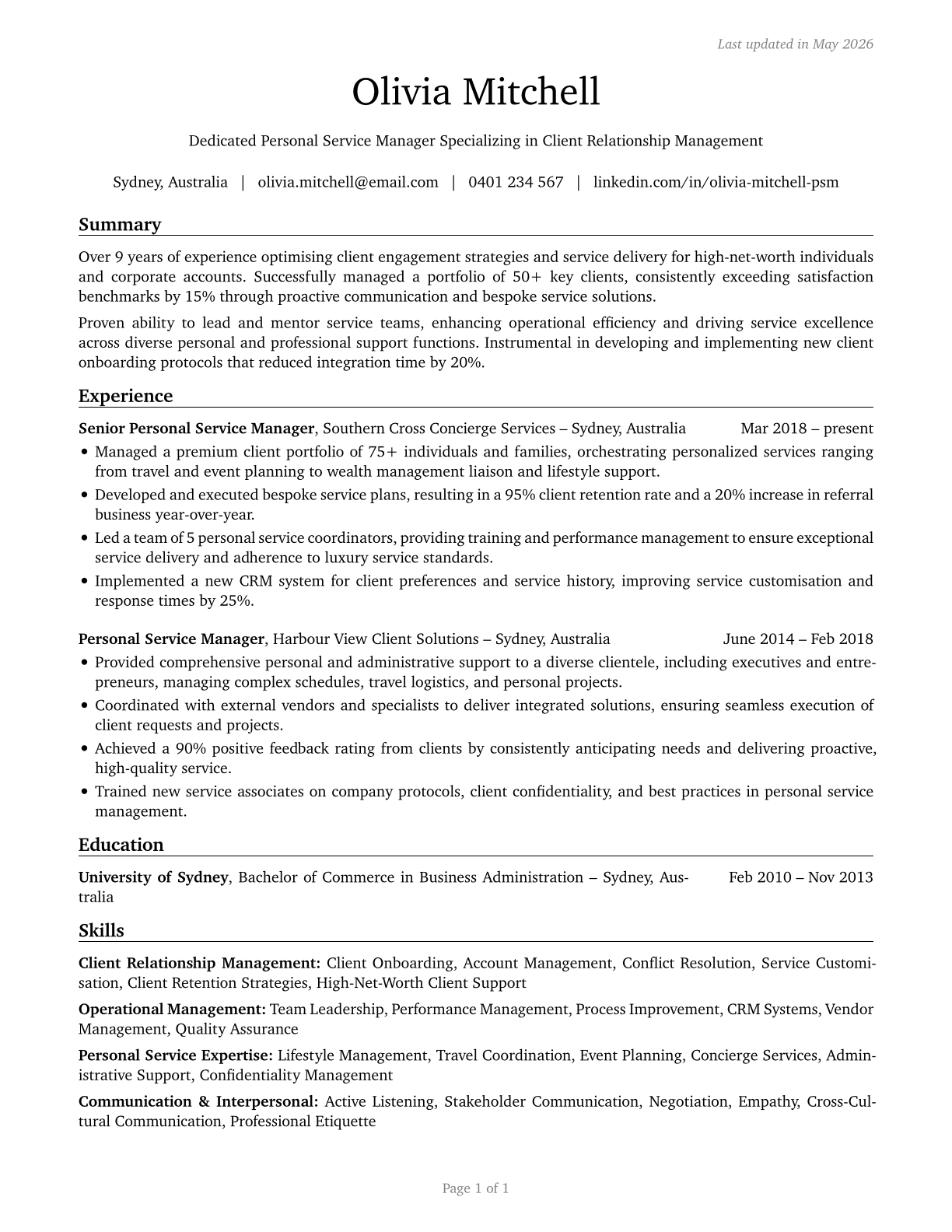 Personal Service Managers, All Other CV in English — page 1