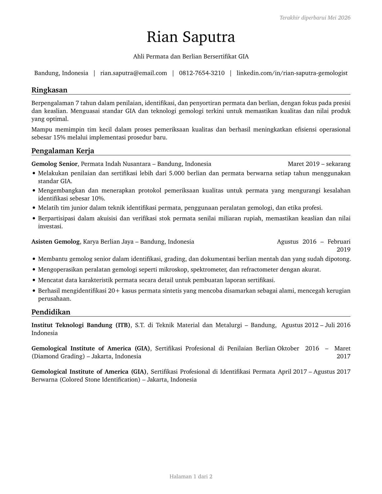 Gem and Diamond Workers CV in Indonesian — page 1