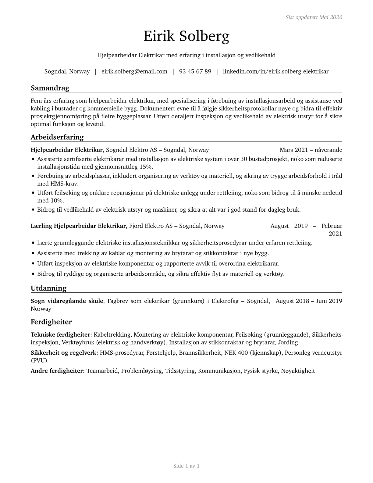 Helpers--Electricians CV in Norwegian_nynorsk — page 1