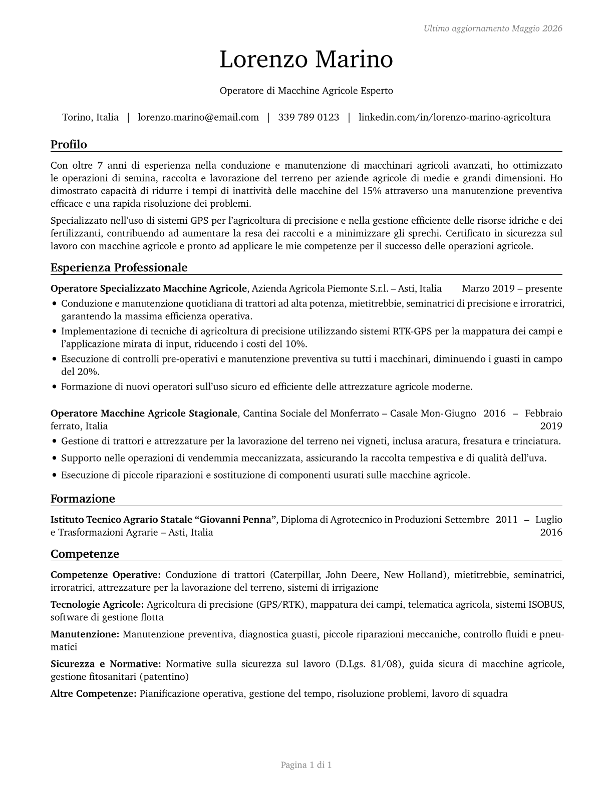 Agricultural Equipment Operators CV in Italian — page 1