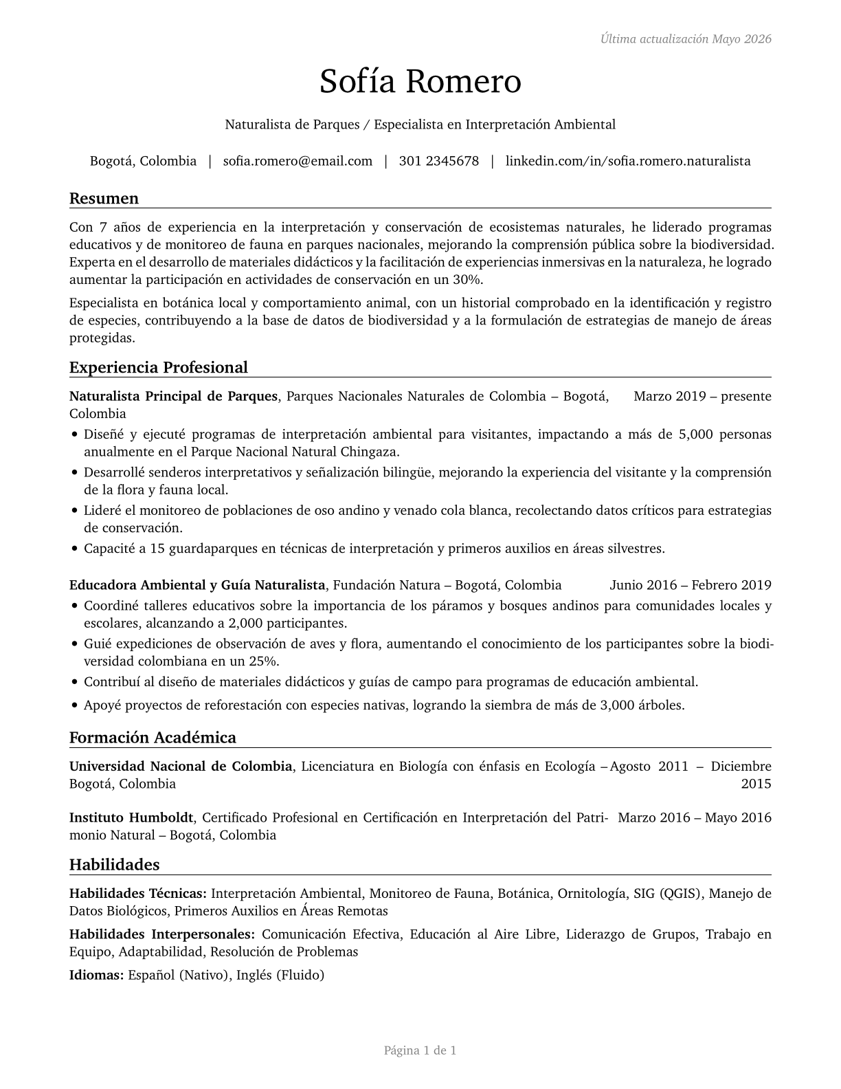 Park Naturalists CV in Spanish — page 1