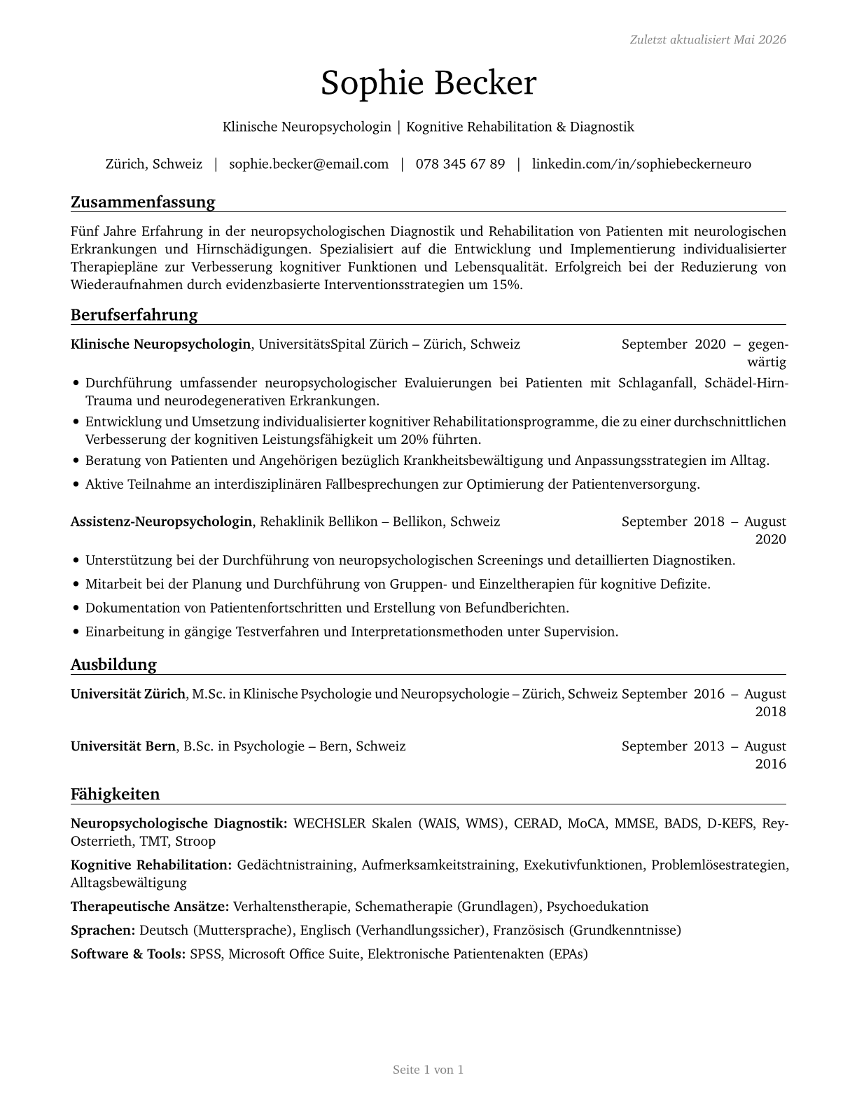 Clinical Neuropsychologists CV in German — page 1