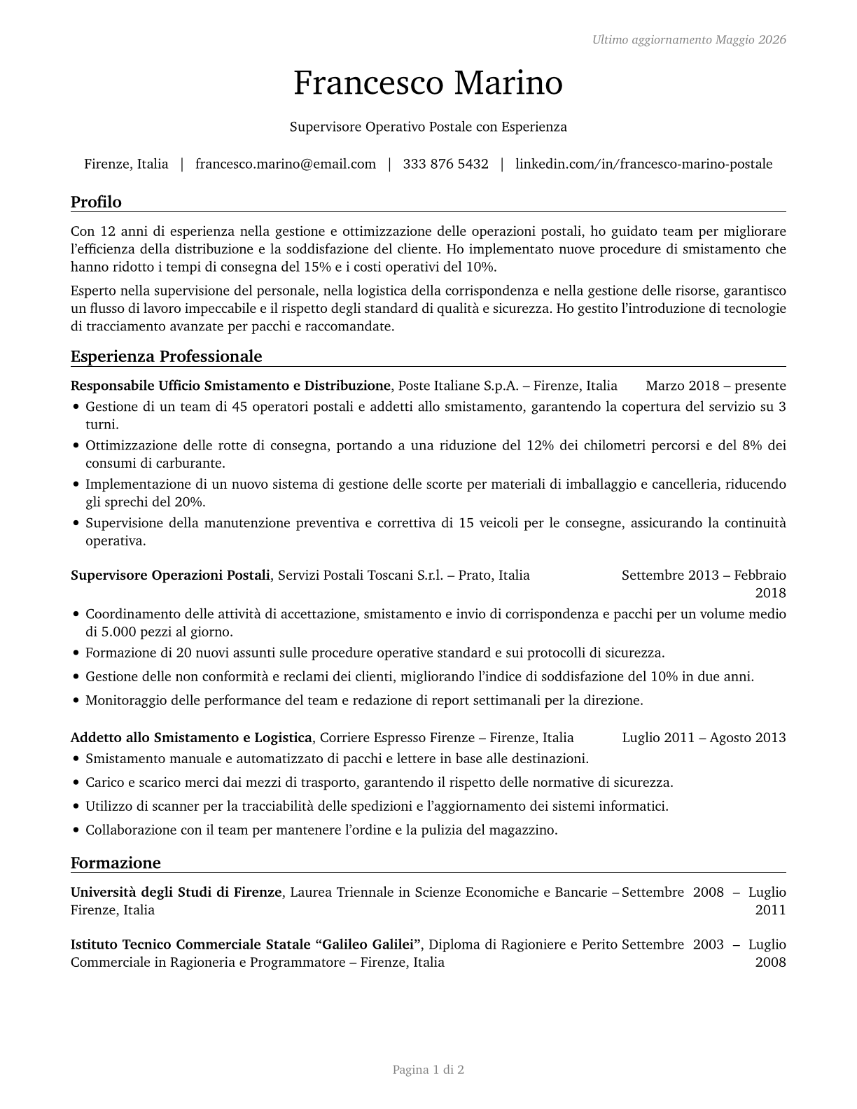 Postmasters and Mail Superintendents CV in Italian — page 1
