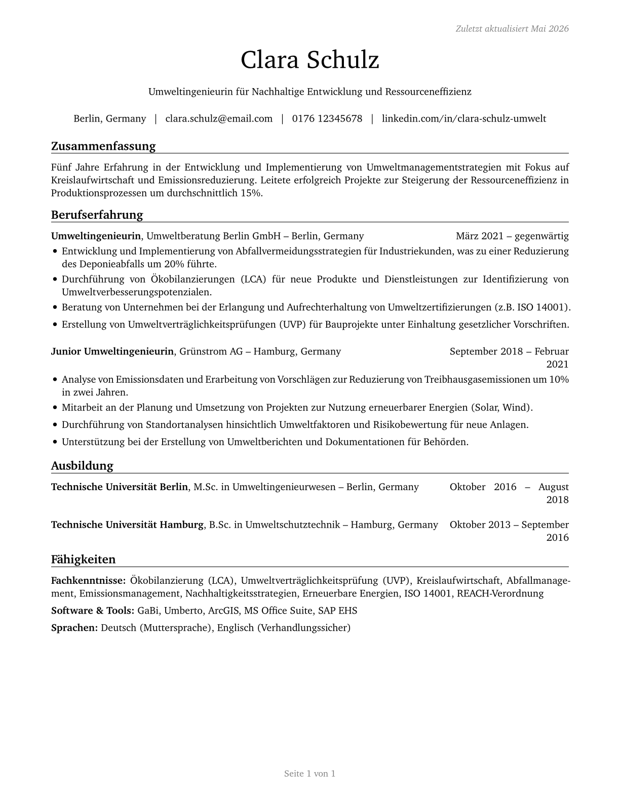 Environmental Engineers CV in German — page 1
