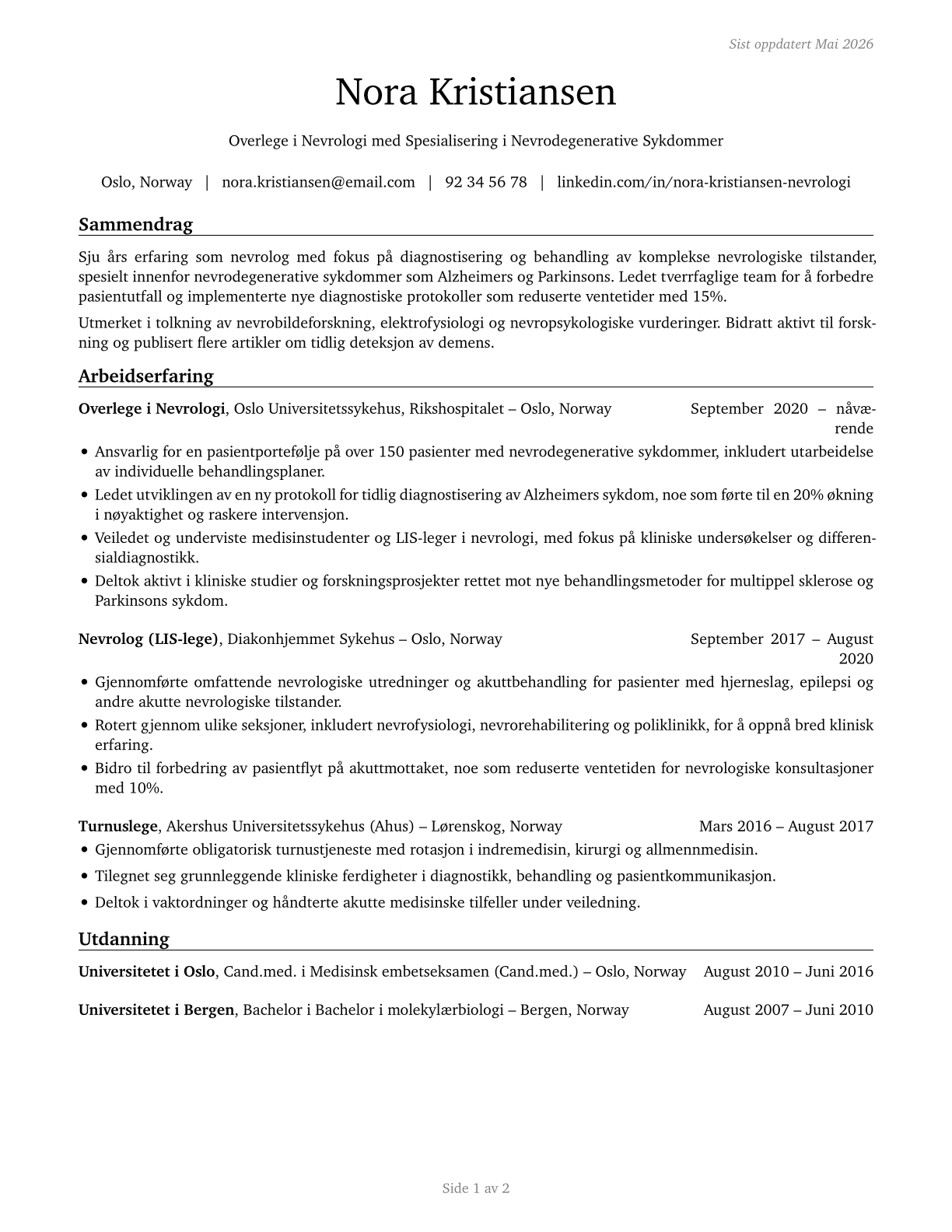 Neurologists CV in Norwegian_bokmal — page 1
