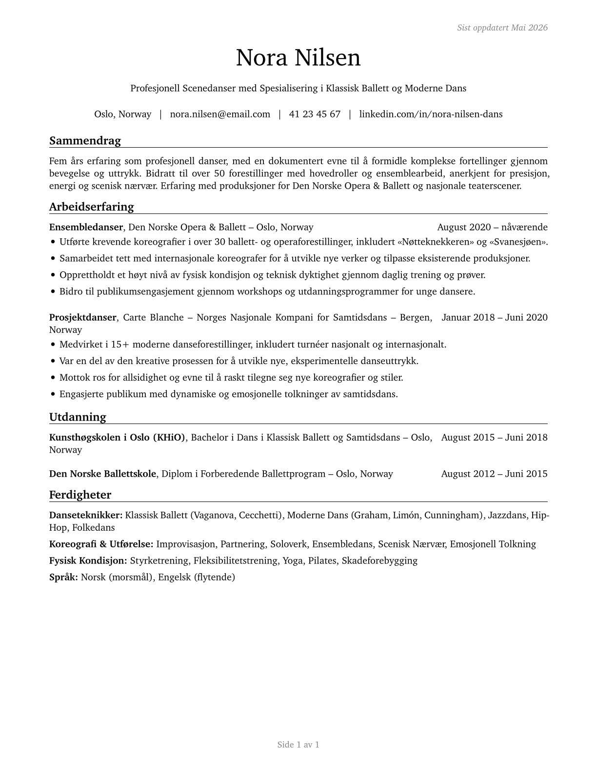 Dancers CV in Norwegian_bokmal — page 1