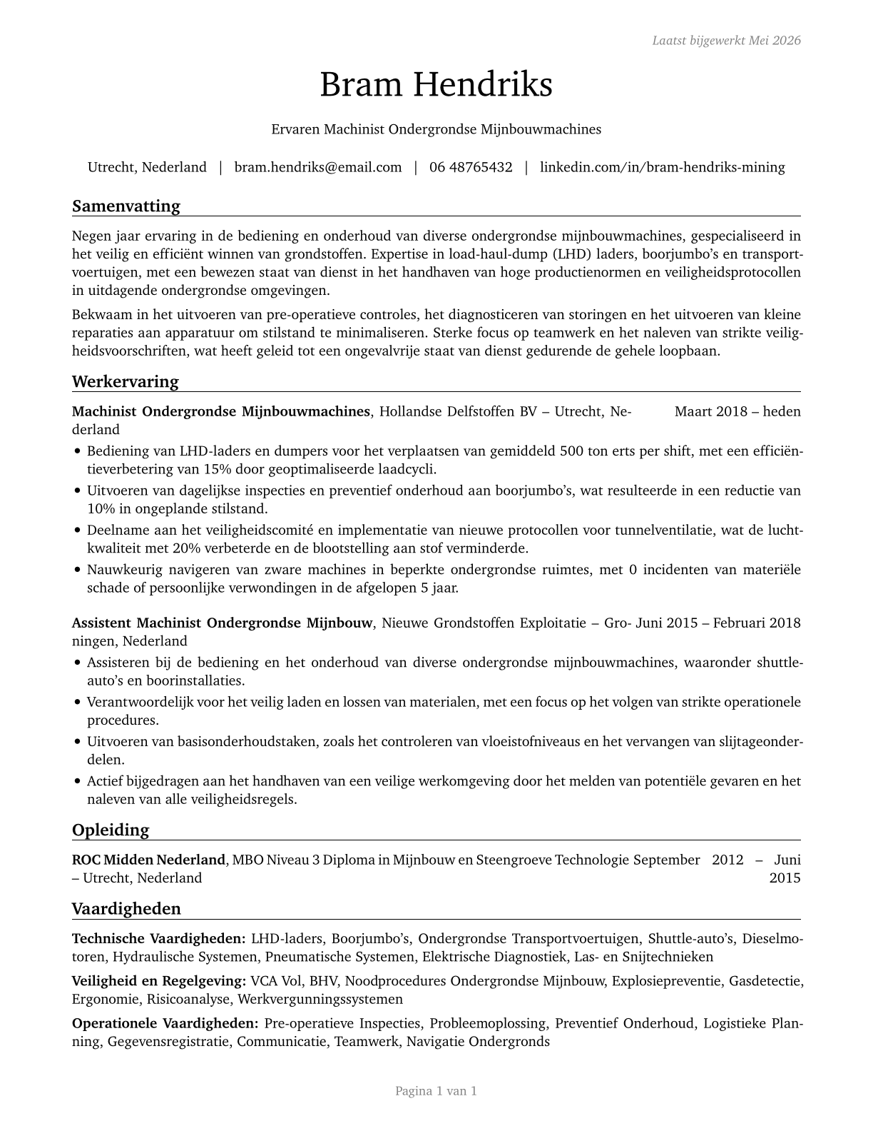 Underground Mining Machine Operators, All Other CV in Dutch — page 1