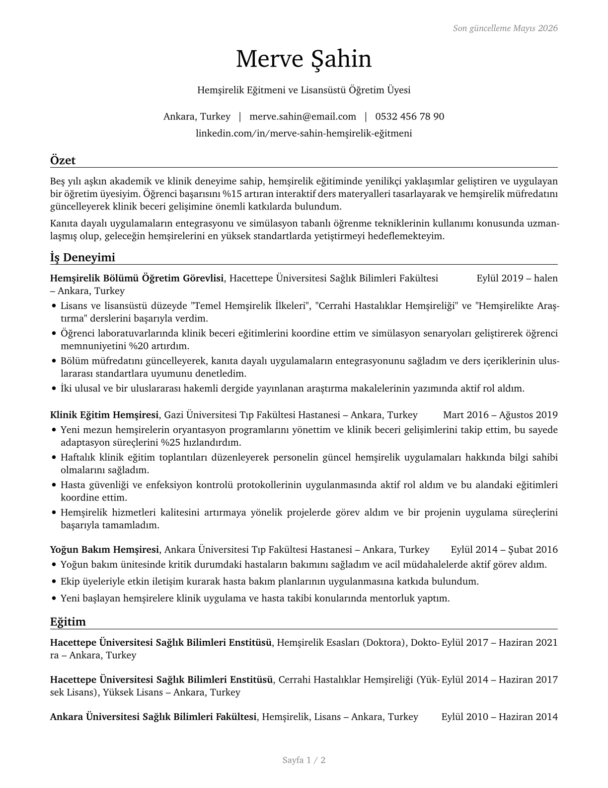 Nursing Instructors and Teachers, Postsecondary CV in Turkish — page 1