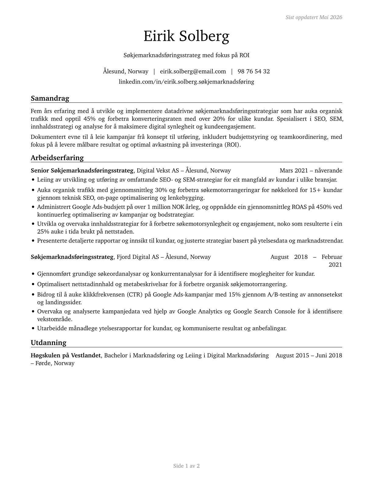 Search Marketing Strategists CV in Norwegian_nynorsk — page 1
