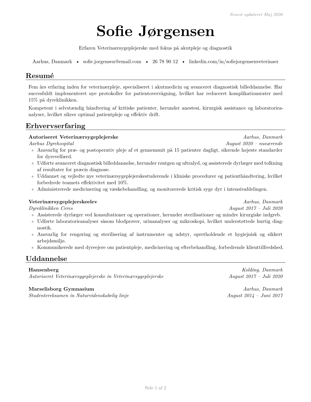 Veterinary Technologists and Technicians CV in Danish — page 1