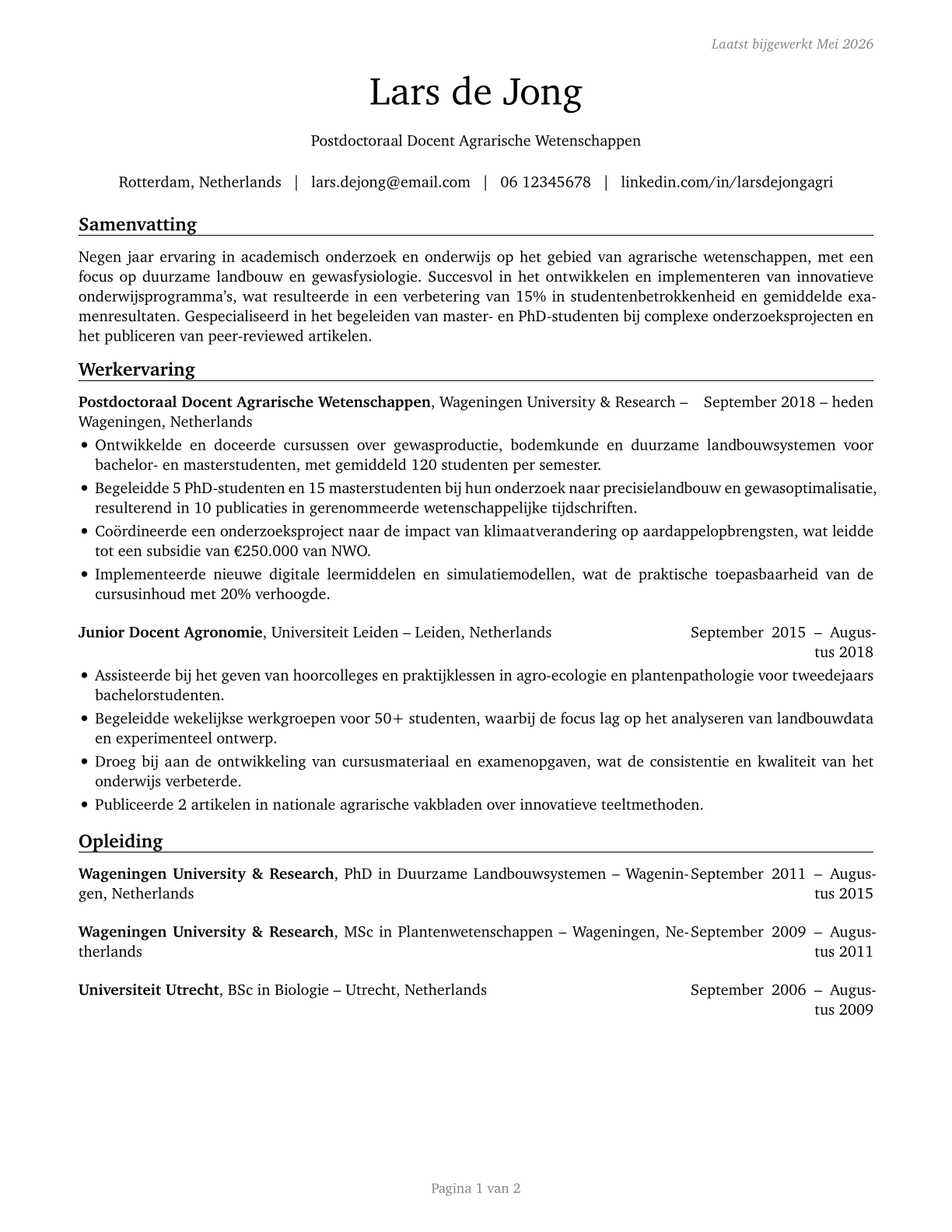Agricultural Sciences Teachers, Postsecondary CV in Dutch — page 1