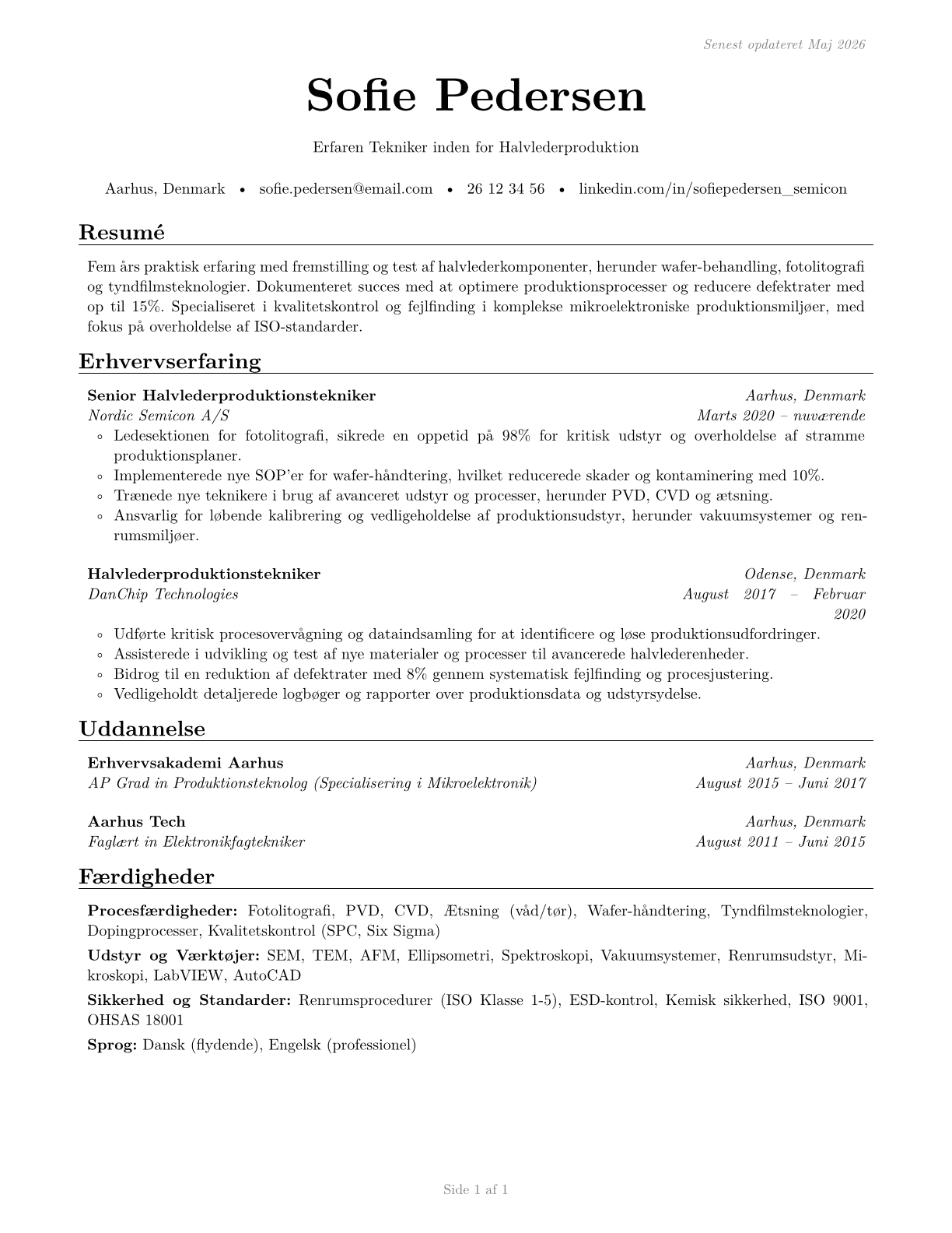 Semiconductor Processing Technicians CV in Danish — page 1
