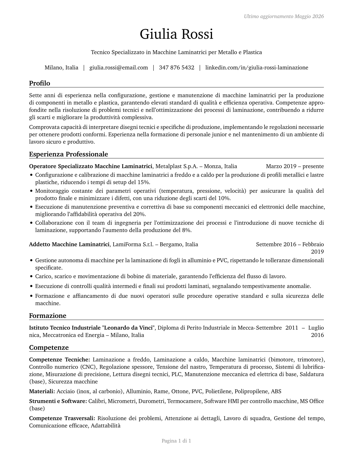 Rolling Machine Setters, Operators, and Tenders, Metal and Plastic CV in Italian — page 1