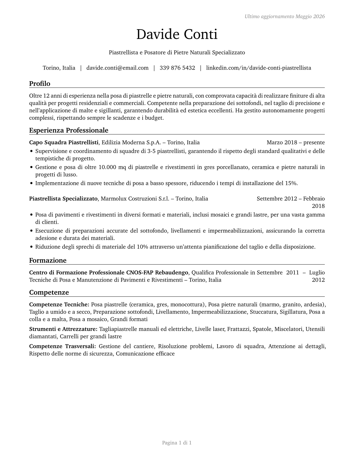 Tile and Stone Setters CV in Italian — page 1