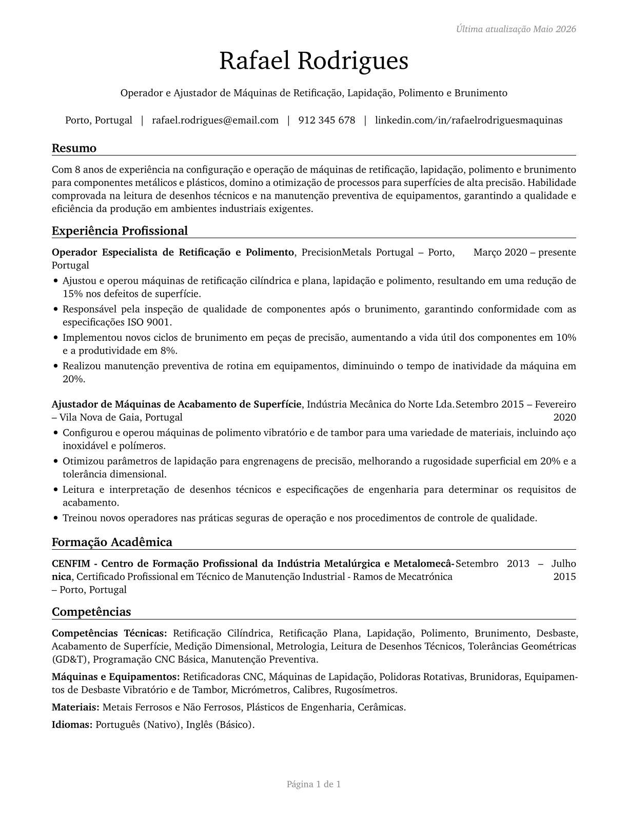 Grinding, Lapping, Polishing, and Buffing Machine Tool Setters, Operators, and Tenders, Metal and Plastic CV in Portuguese — page 1