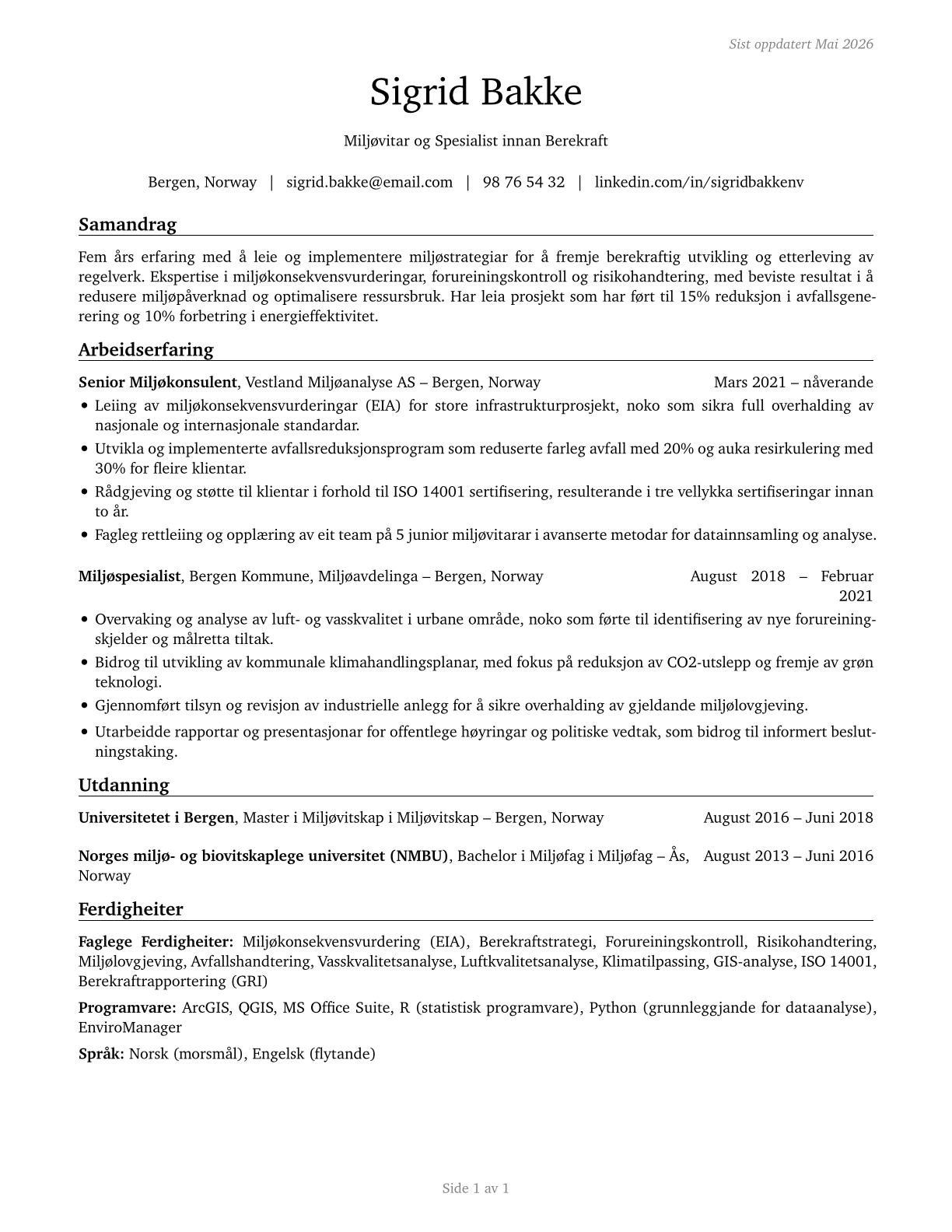 Environmental Scientists and Specialists, Including Health CV in Norwegian_nynorsk — page 1