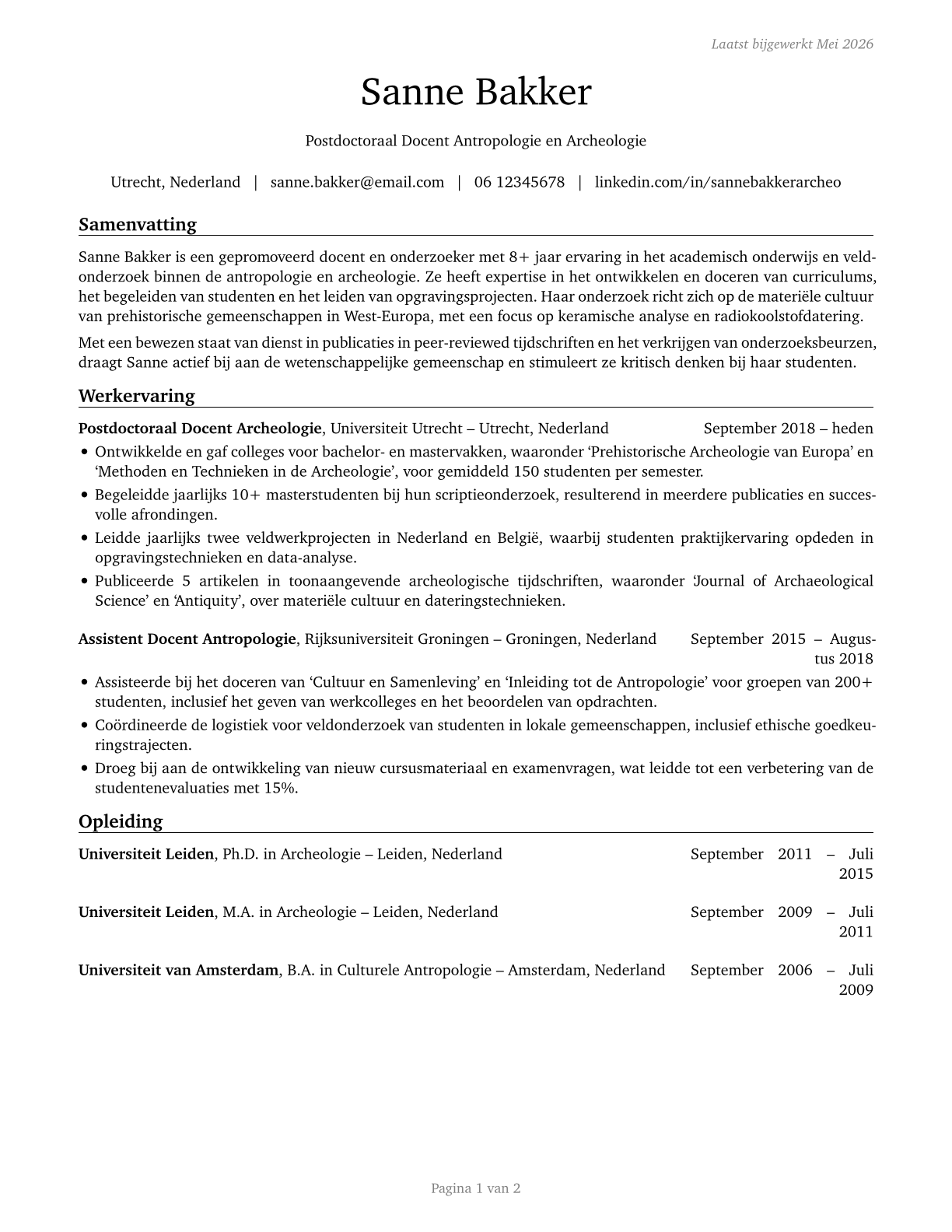 Anthropology and Archeology Teachers, Postsecondary CV in Dutch — page 1
