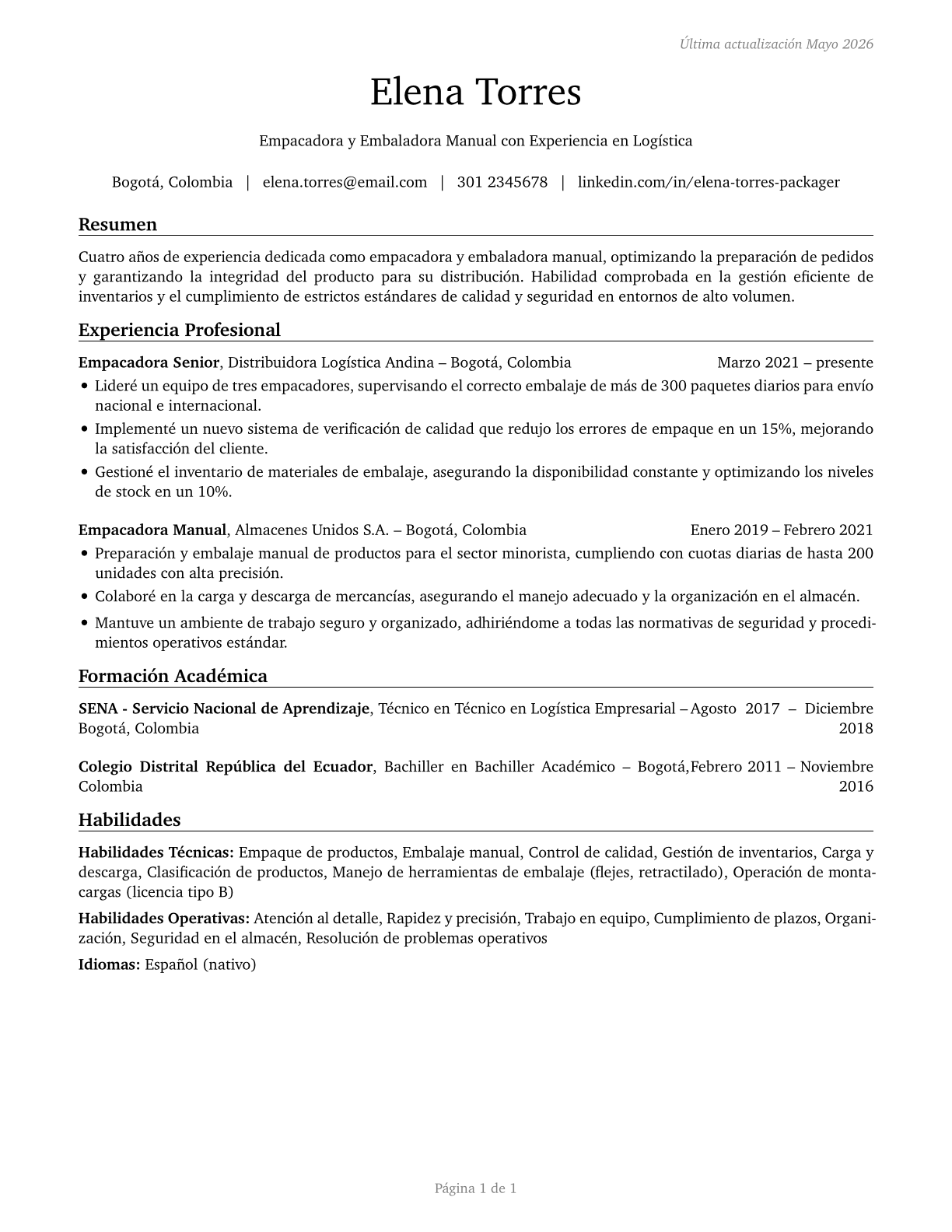 Packers and Packagers, Hand CV in Spanish — page 1