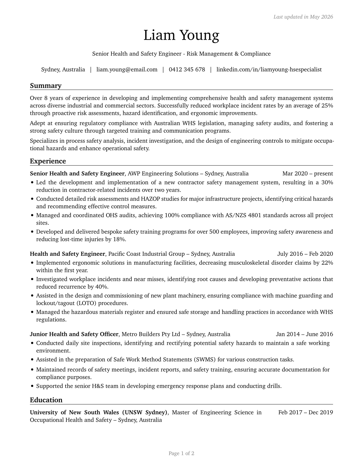 Health and Safety Engineers, Except Mining Safety Engineers and Inspectors CV in English — page 1