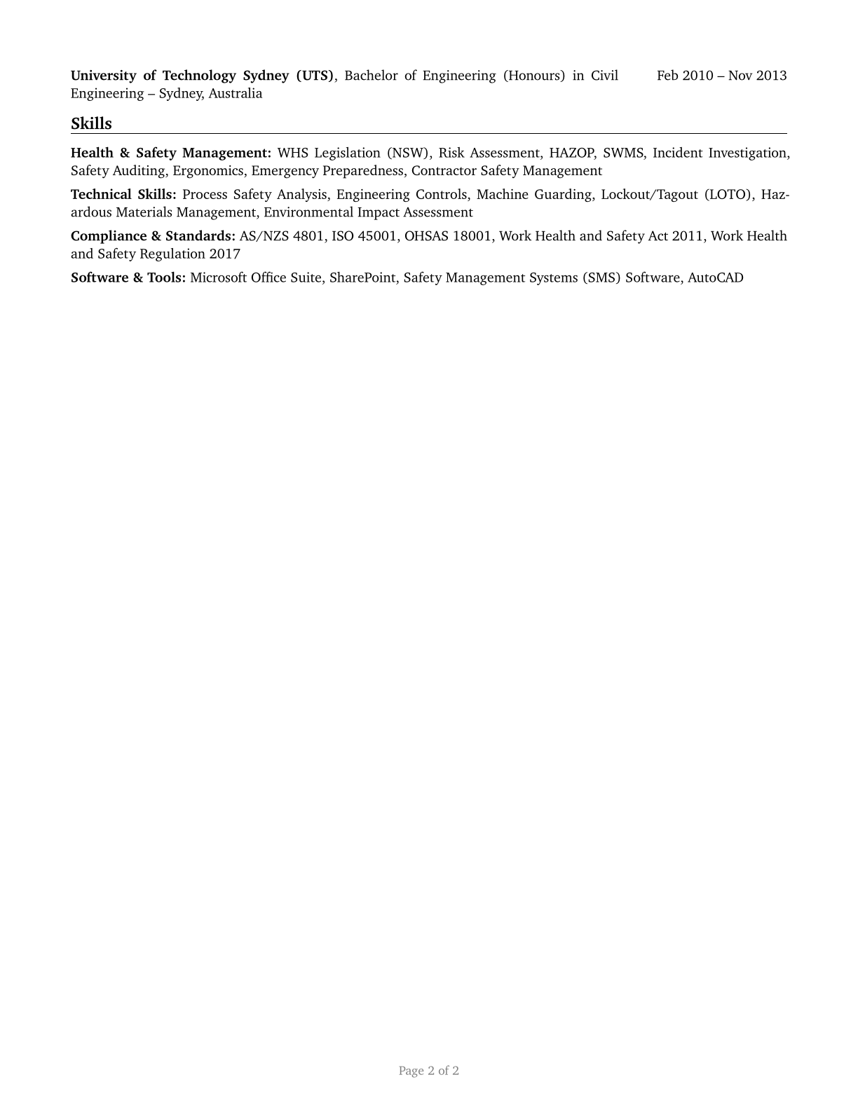 Health and Safety Engineers, Except Mining Safety Engineers and Inspectors CV in English — page 2